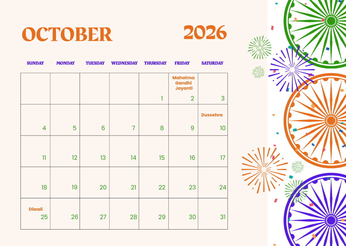 Free October 2026 Calendar With India Festivals Template To Edit Online