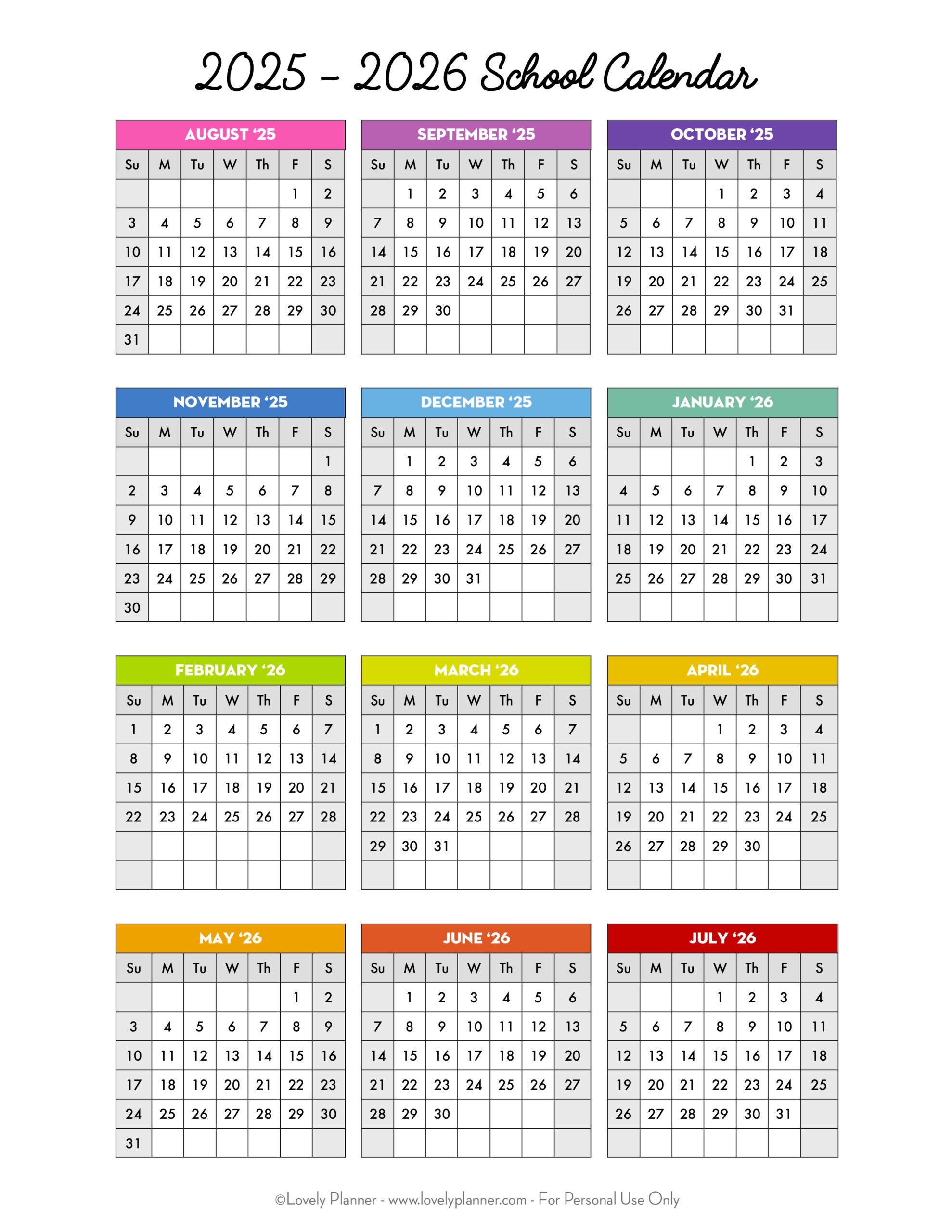 Blank 2025-26 Calendar Printable