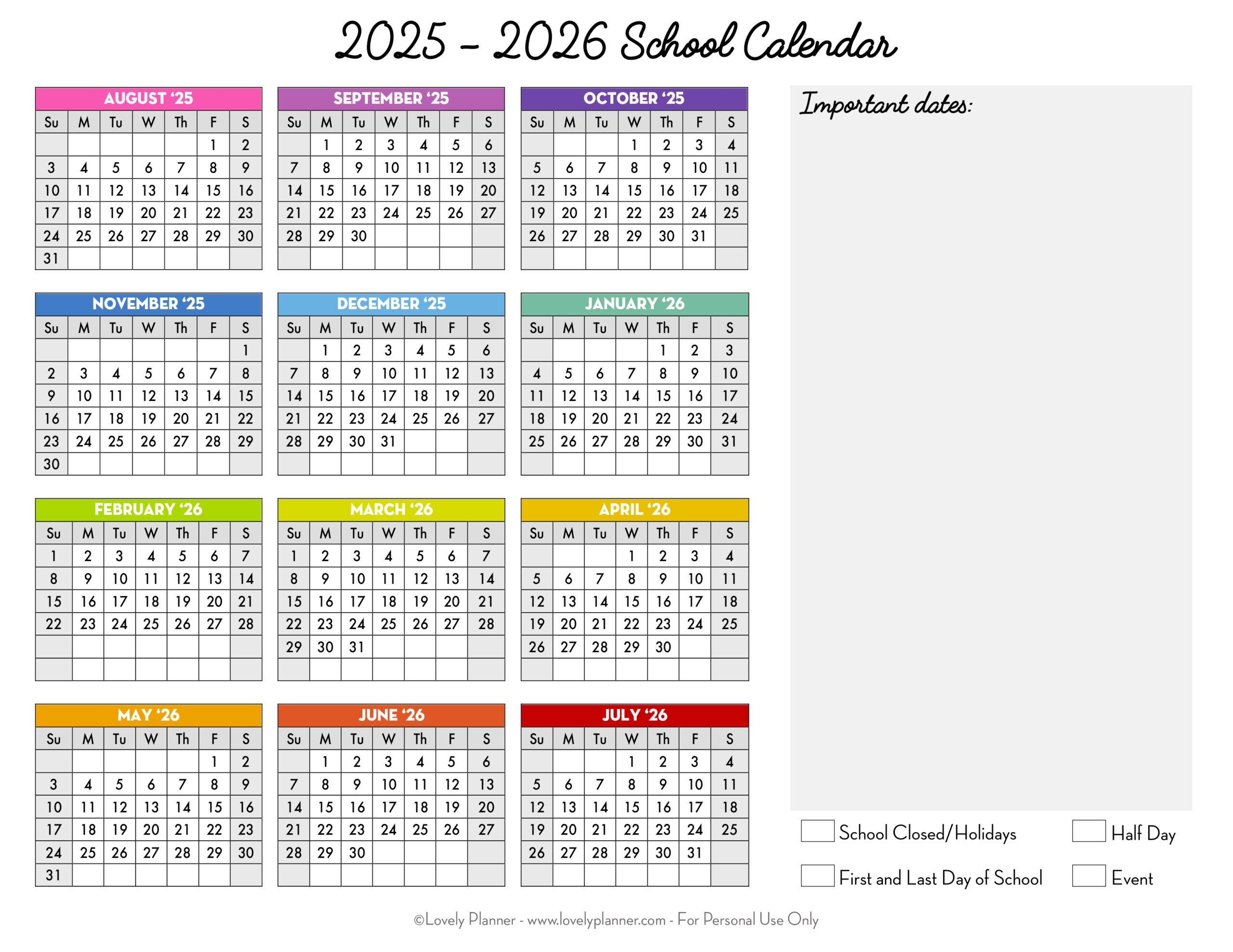 Printable Blank Calendar 2025-26