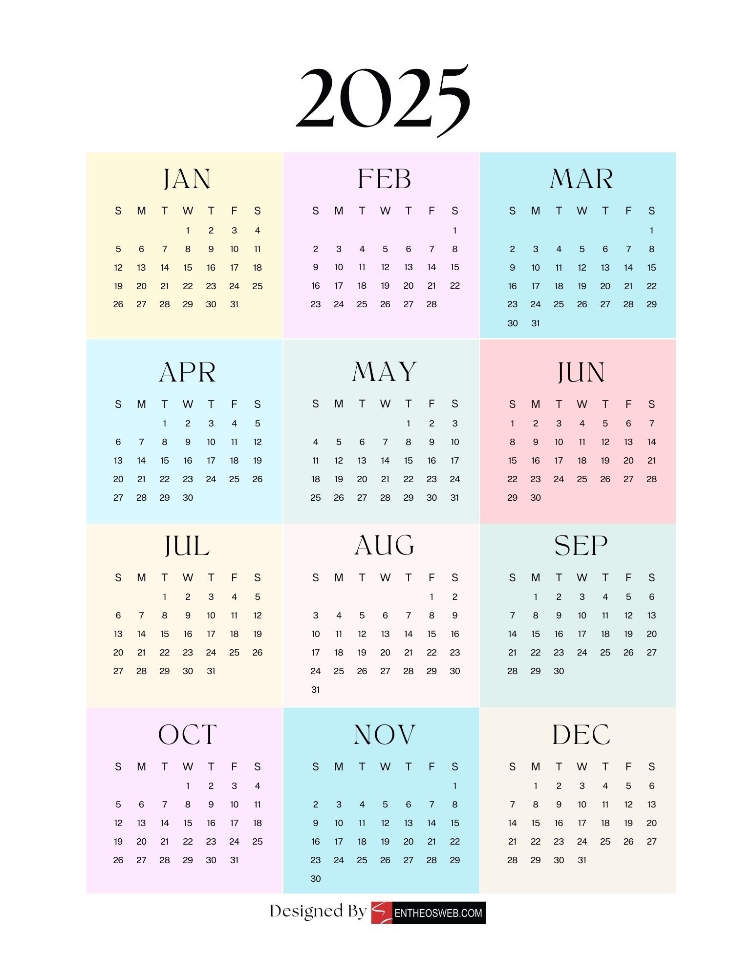 Year 2025 Calendar Printable Free