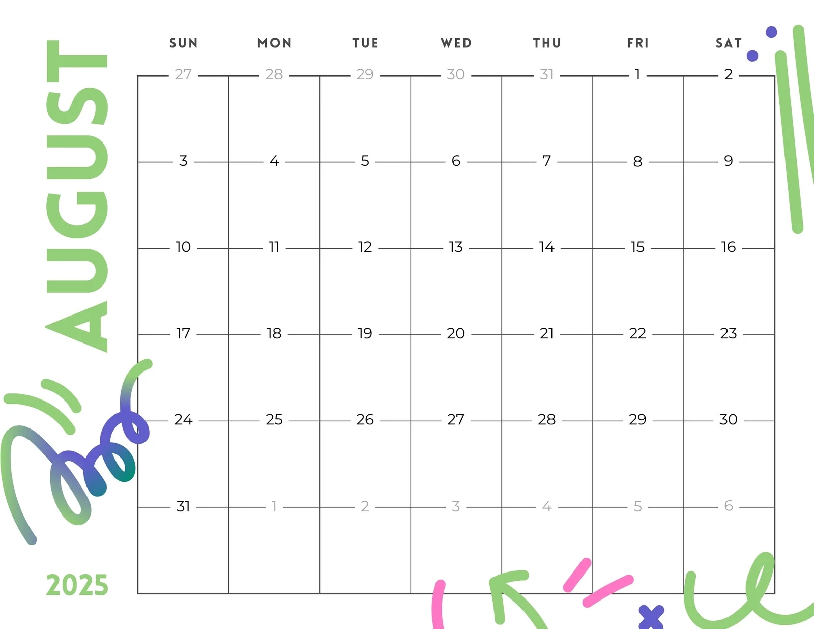 Blank Calendar August 2026 Editable