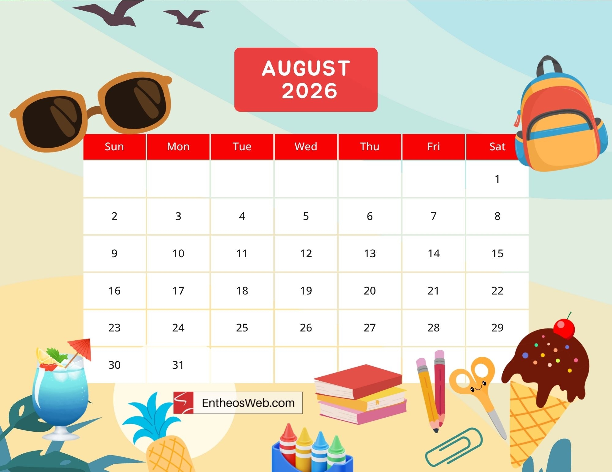 Free Printable August 2026 Calendars EntheosWeb