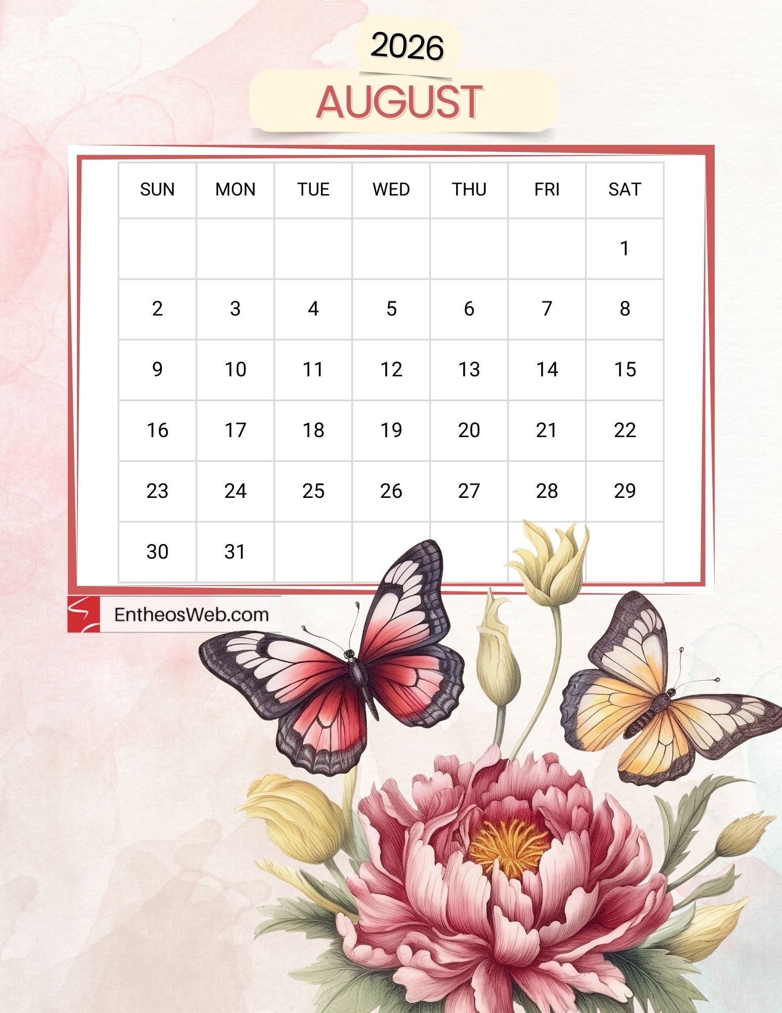 August 2026 Calendar Template