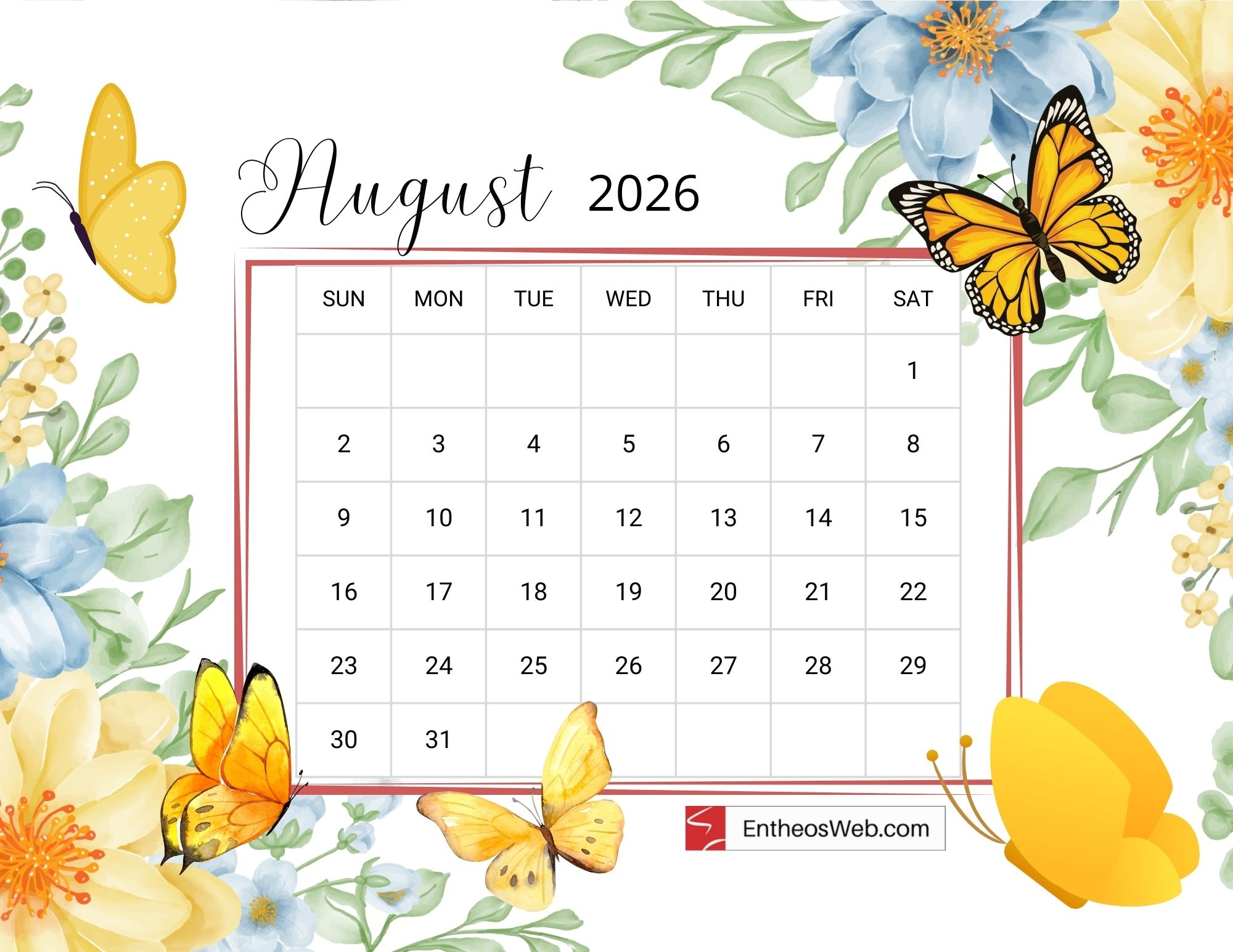 Free Printable August 2026 Calendars EntheosWeb Free Printable August 2026 Calendars EntheosWeb
