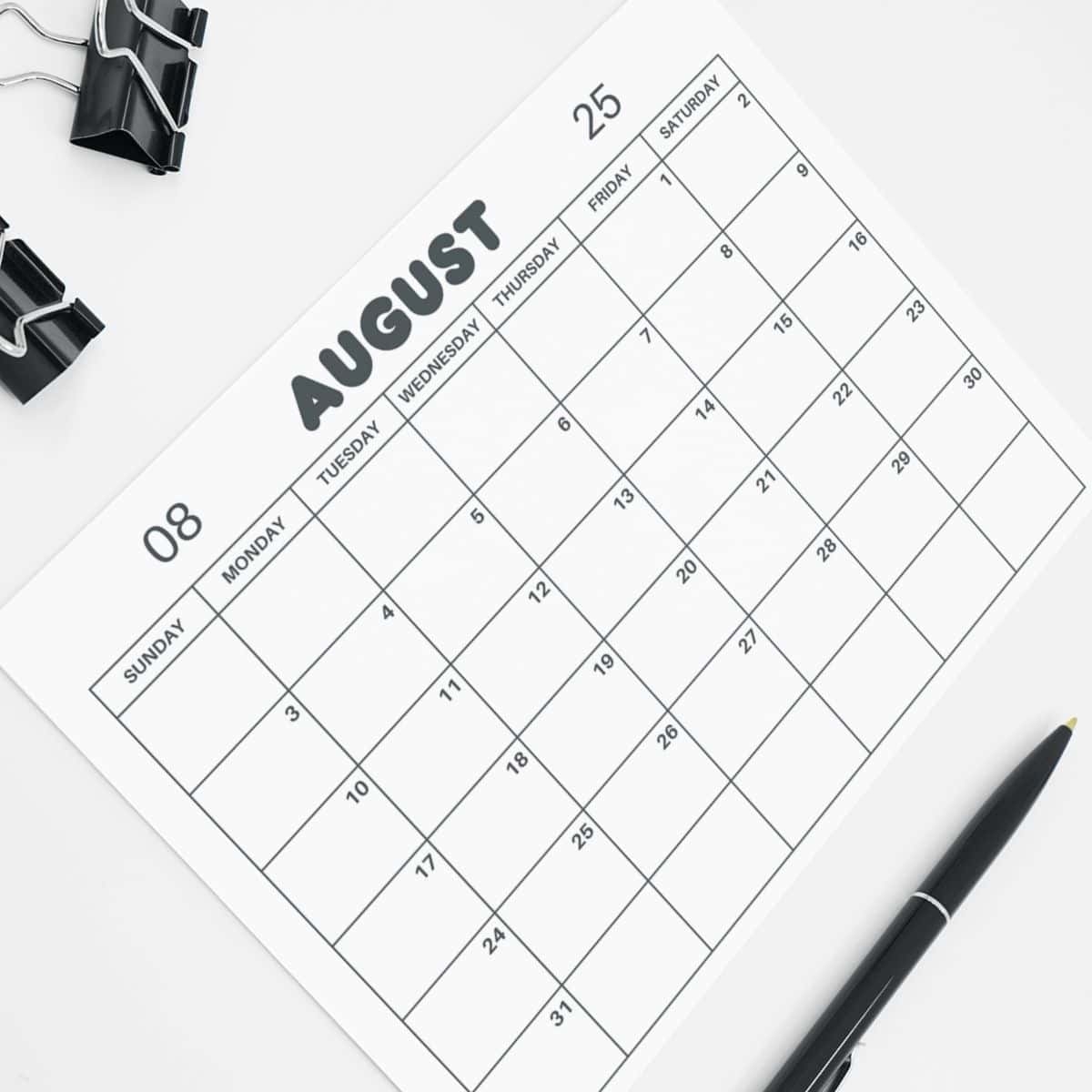 Blank Calendar Printable August 2026 Editable