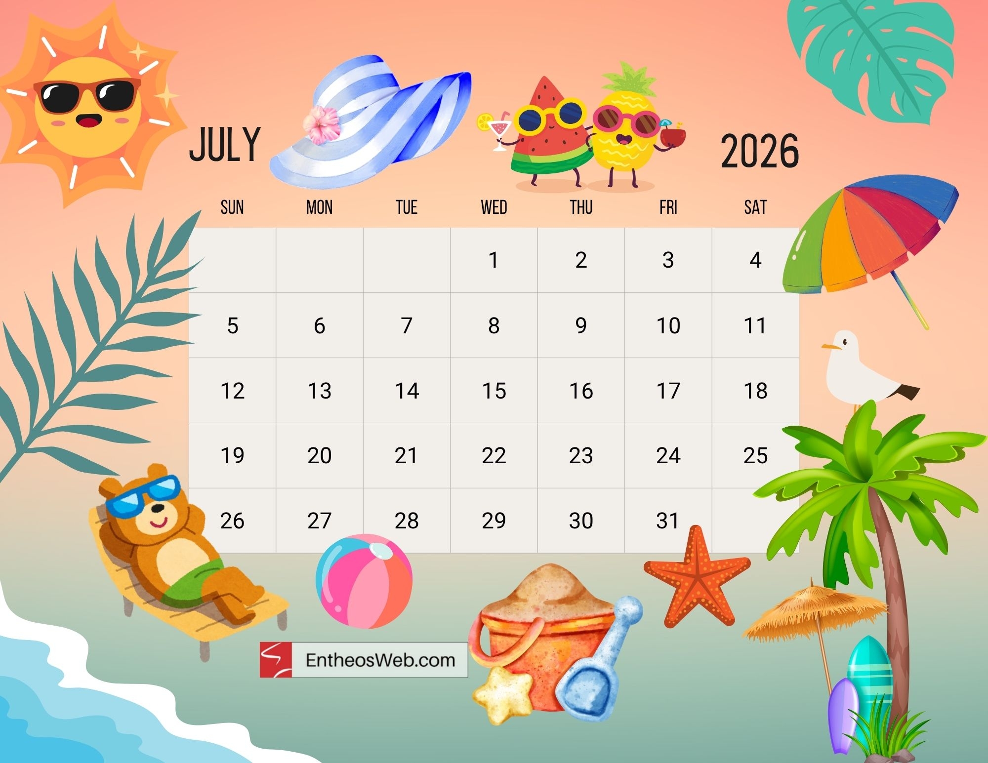 Free Printable July 2026 Calendars EntheosWeb