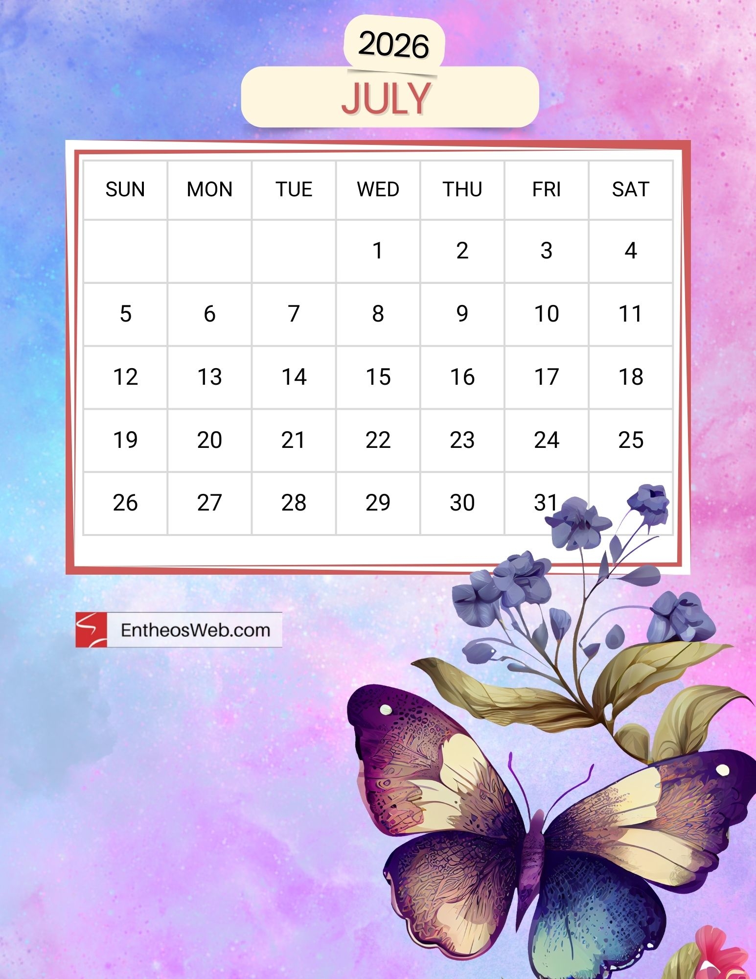 Free Printable July 2026 Calendars EntheosWeb Free Printable July 2026 Calendars EntheosWeb