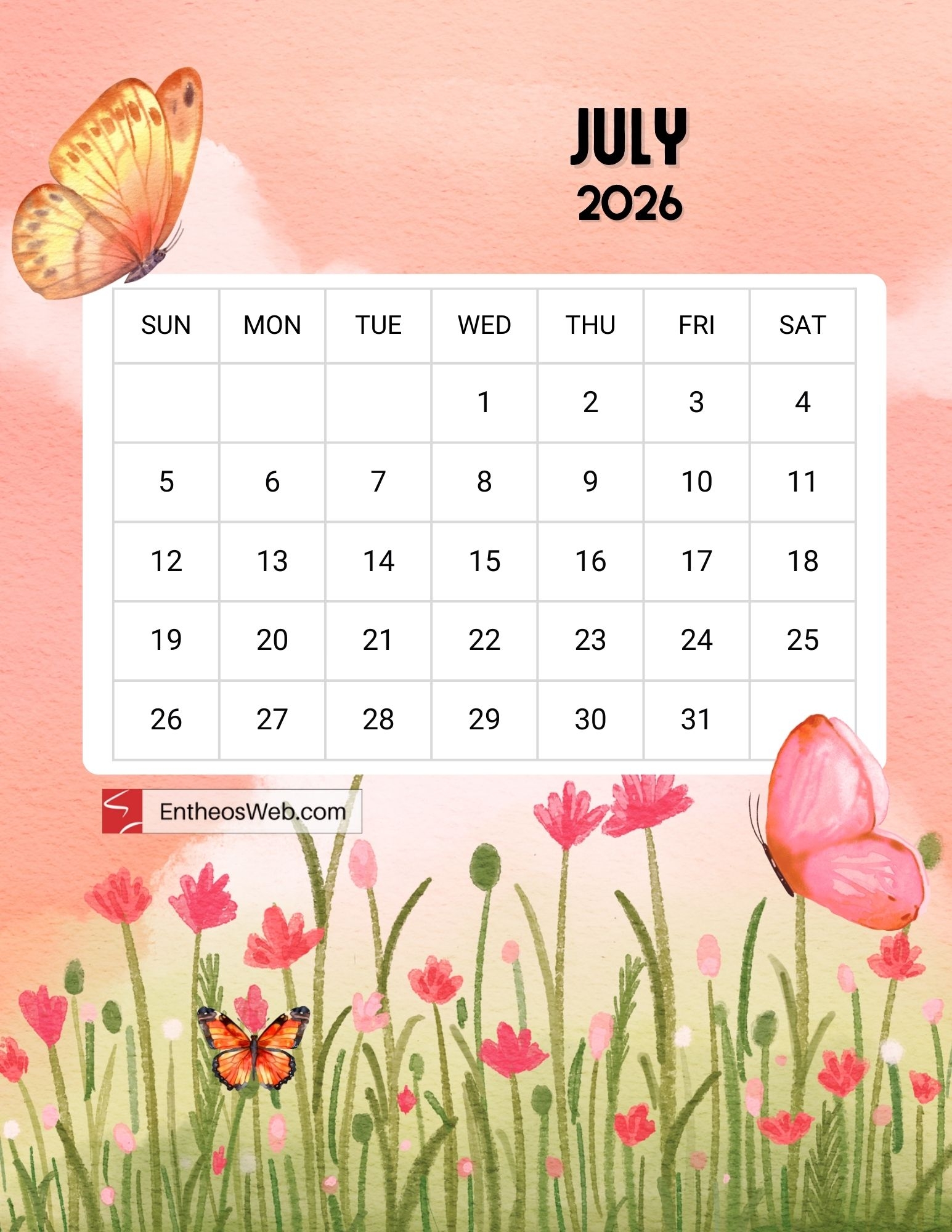 Free Printable July 2026 Calendars EntheosWeb