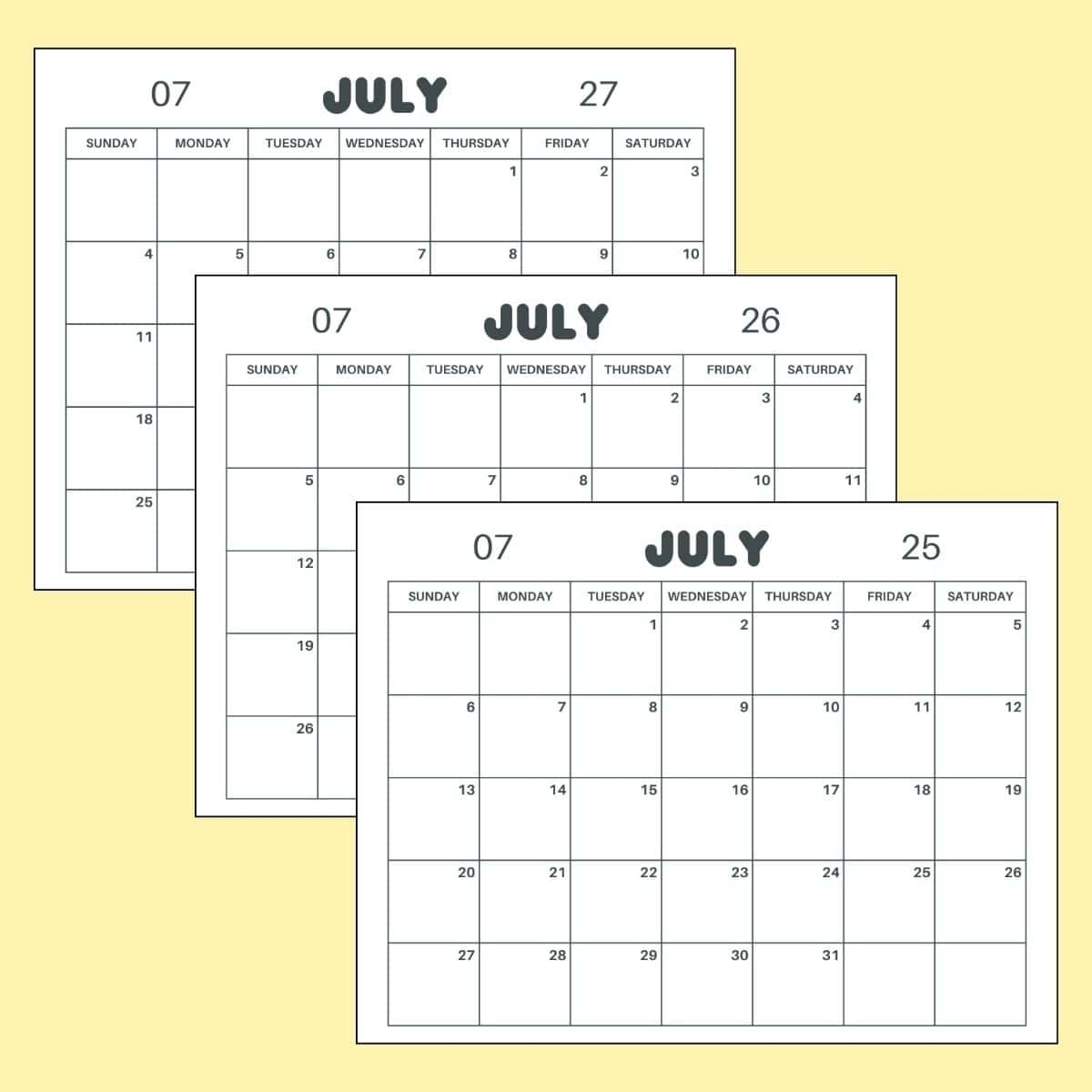 Free Printable July Calendar 2025 2026 2027 PDF Template Free Printable July Calendar 2025 2026 2027 PDF Template