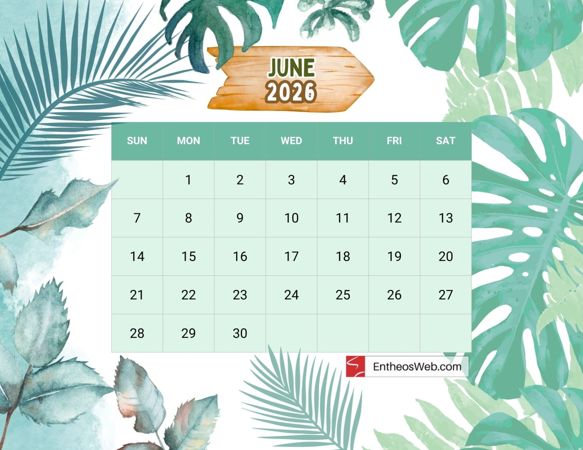 2026 Printable Calendar By Month June