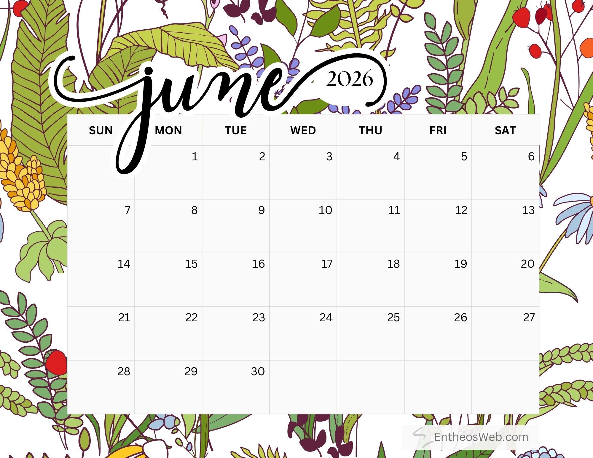 Free Printable June 2026 Calendar EntheosWeb Free Printable June 2026 Calendar EntheosWeb