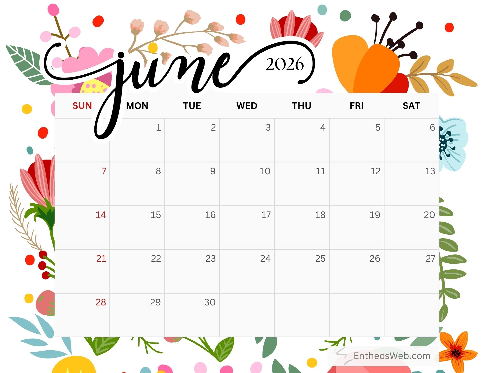 June 2026 Calendar Template