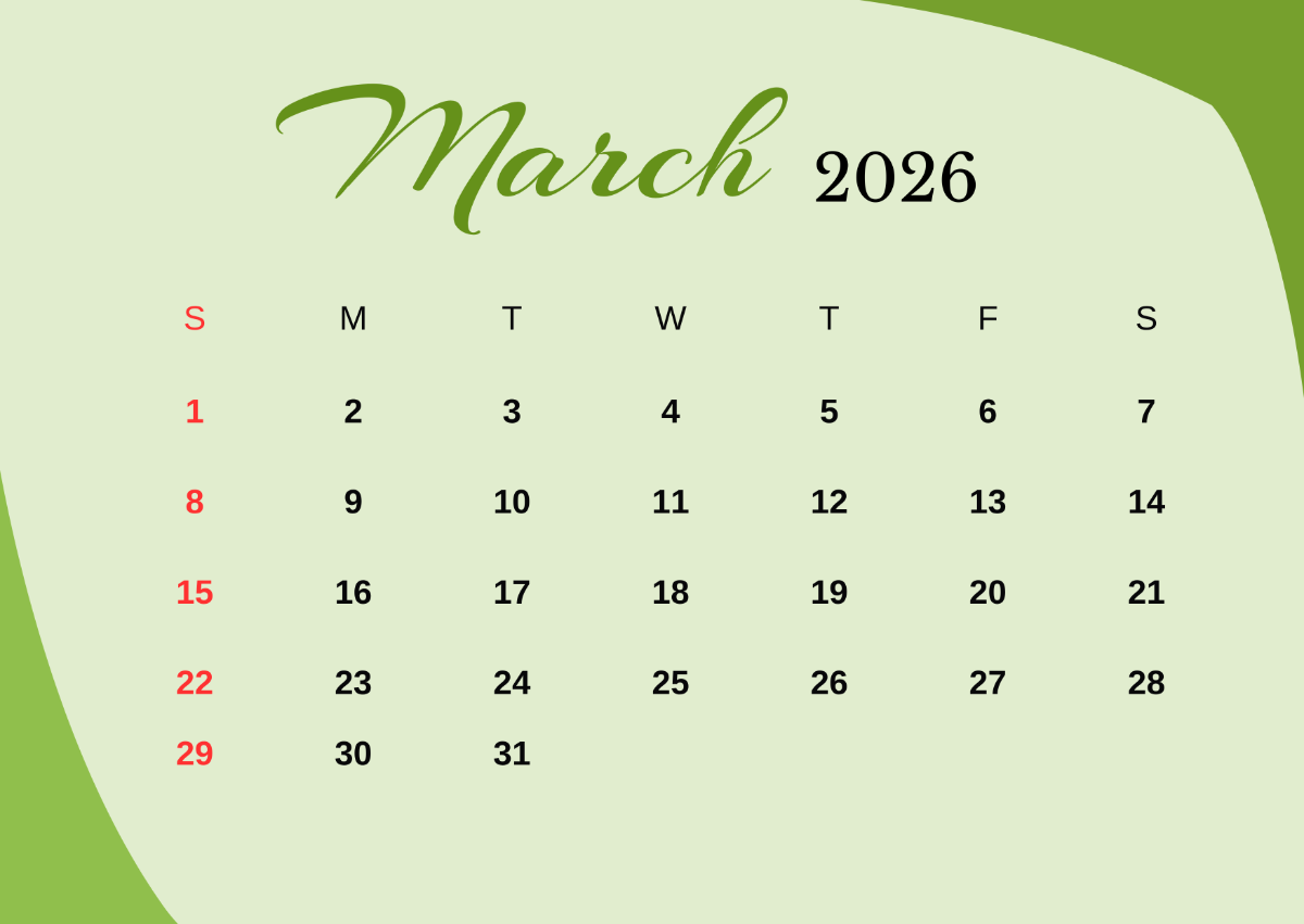 Free Printable March 2026 Calendar Template To Edit Online