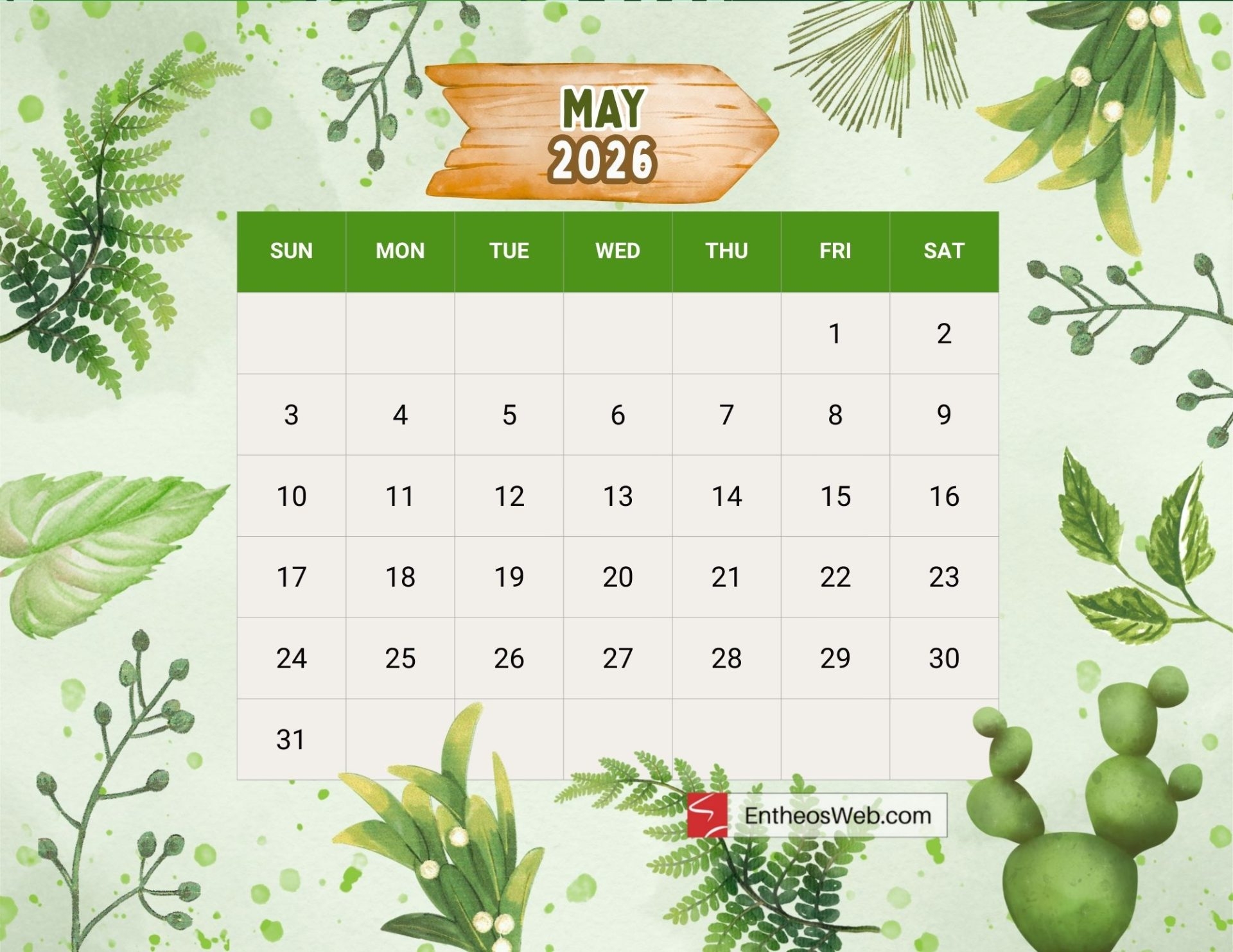 May Blank Calendar 2026 Printable Free