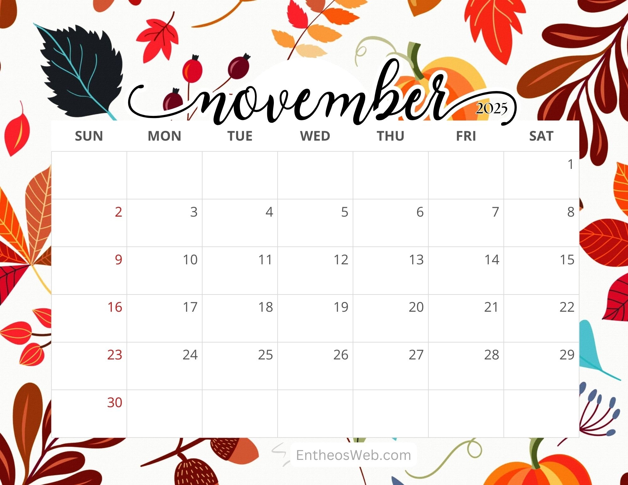Free Printable November 2025 Calendars EntheosWeb