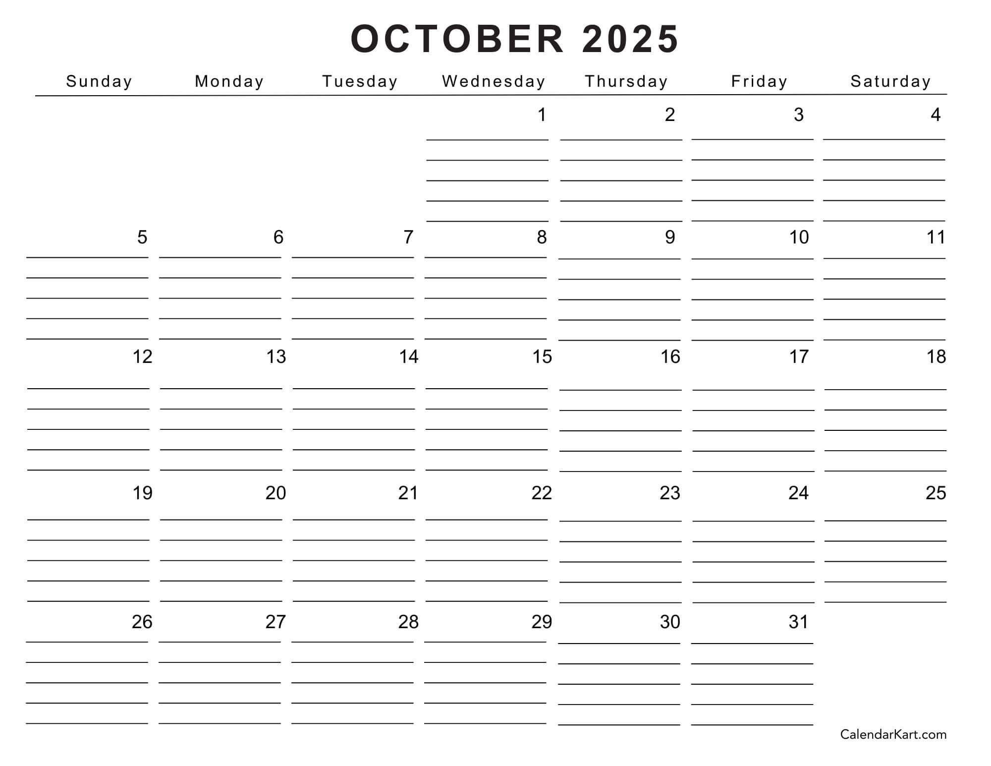 Free Printable October 2025 Calendars Calendarkart