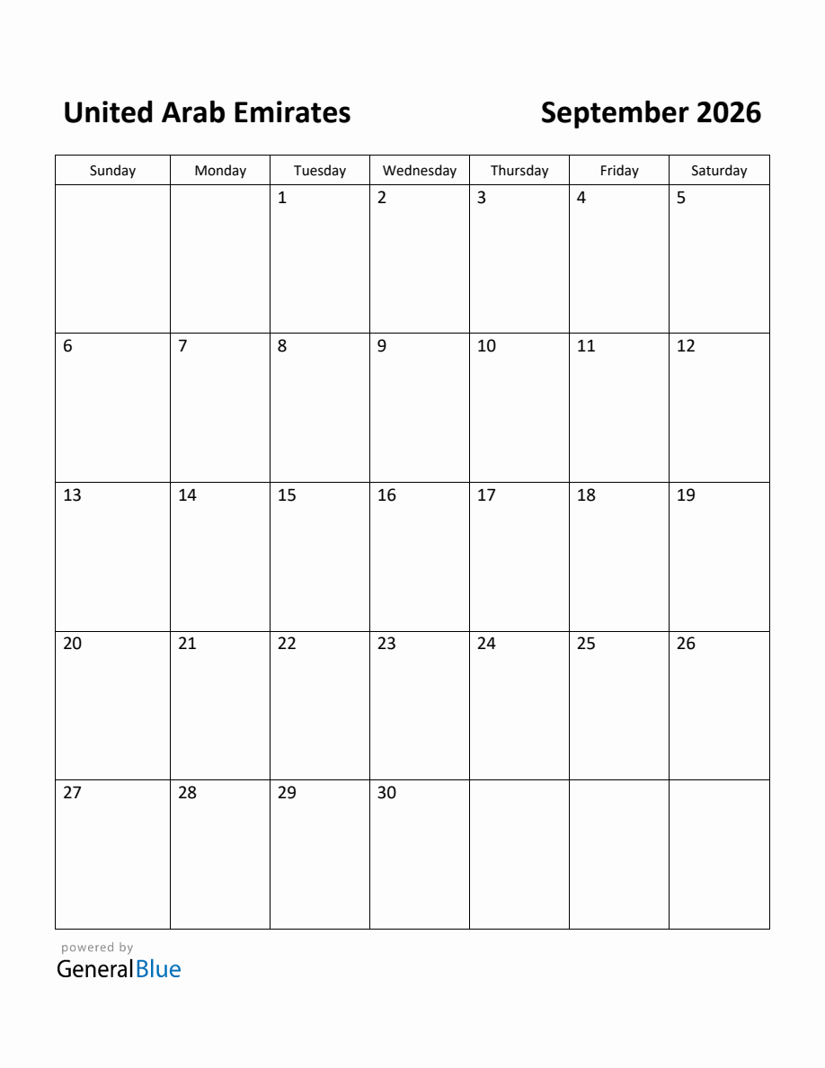 Free Printable September 2026 Calendar For United Arab Emirates