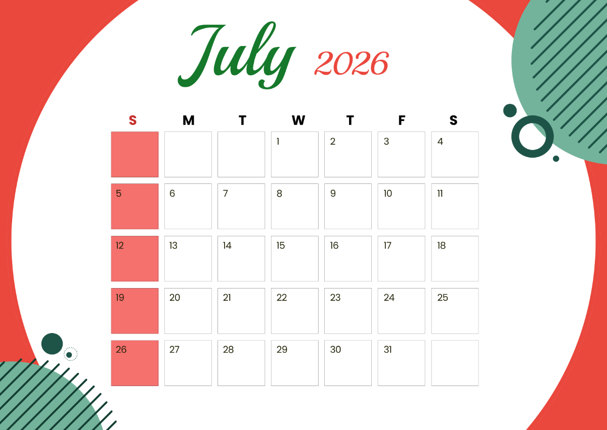 Blank July Calendar 2026 Editable Blank July Calendar 2026 Editable