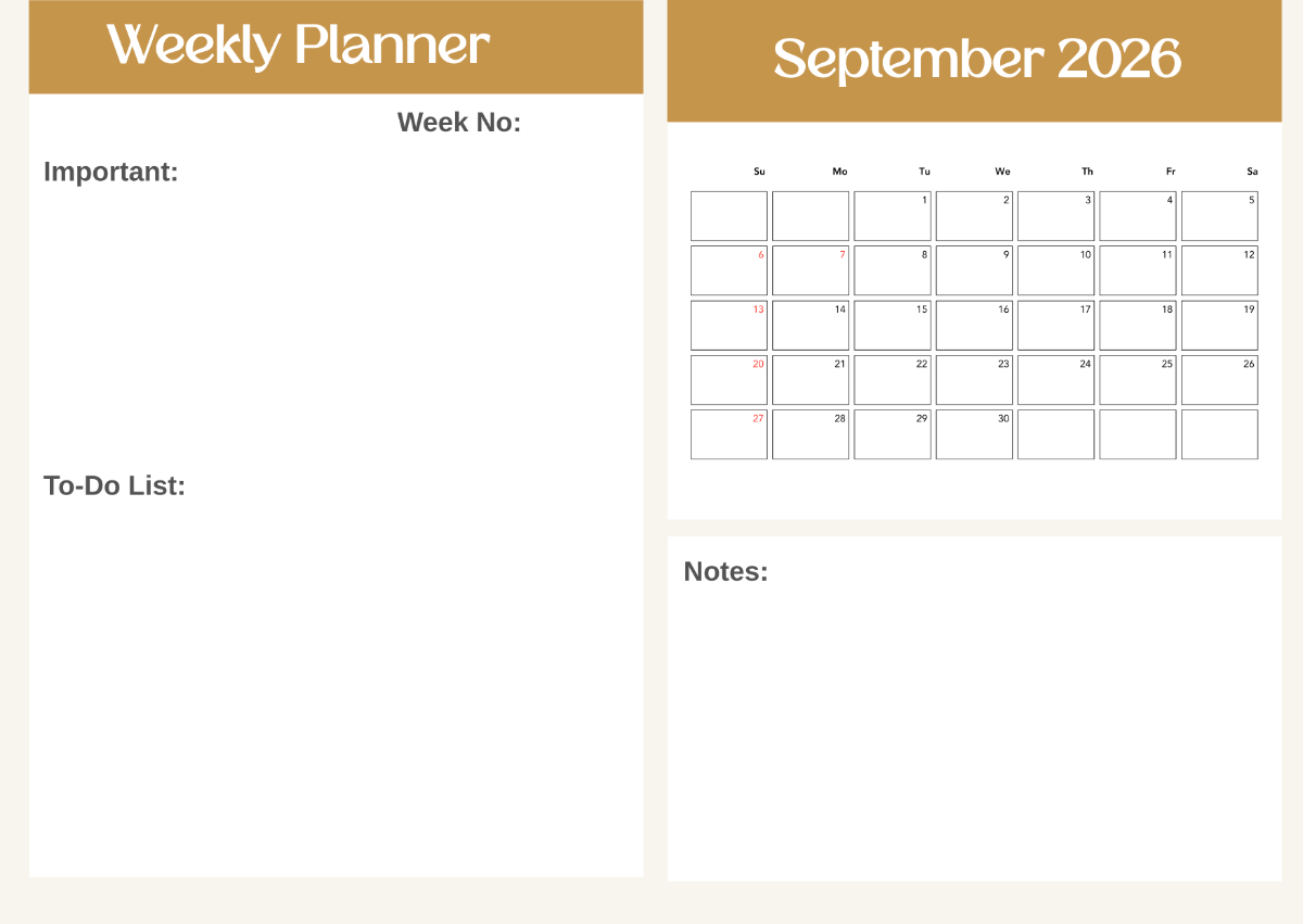 Free September 2026 Calendar With Weekly Plan Template To Edit Online