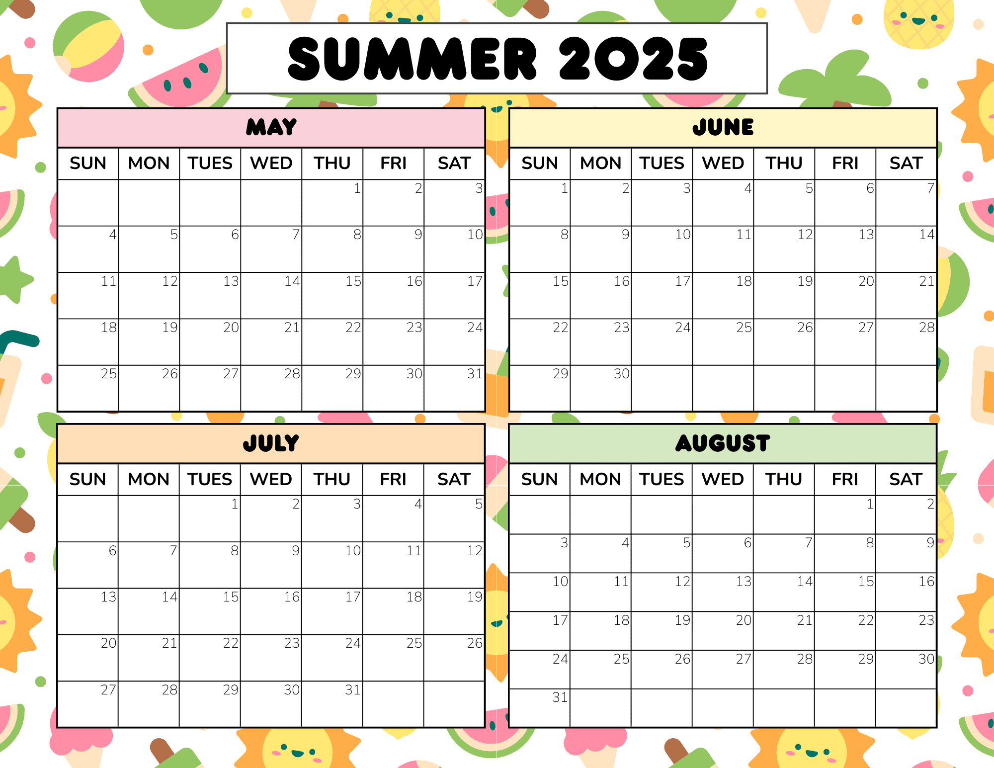 Printable Calendar 2025 Summer