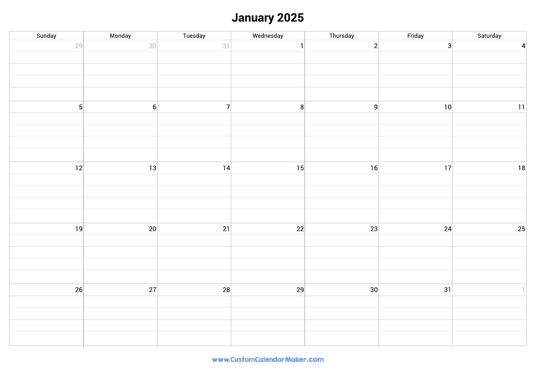 January 2025 Fillable Calendar Grid With Lines Custom Calendar Maker January 2025 Fillable Calendar Grid With Lines Custom Calendar Maker