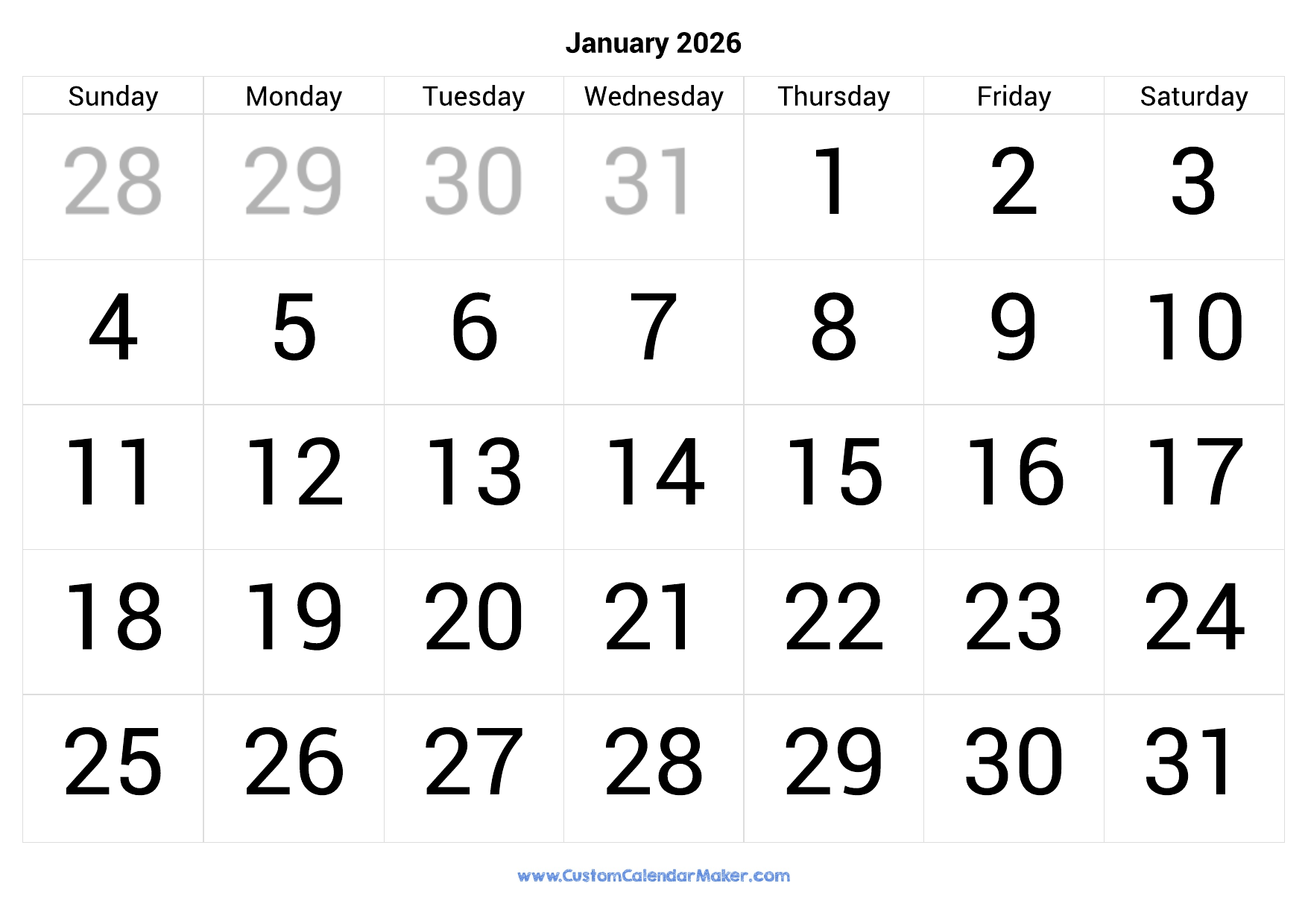 January 2026 Calendar Printable With Large Numbers Custom Calendar Maker January 2026 Calendar Printable With Large Numbers Custom Calendar Maker