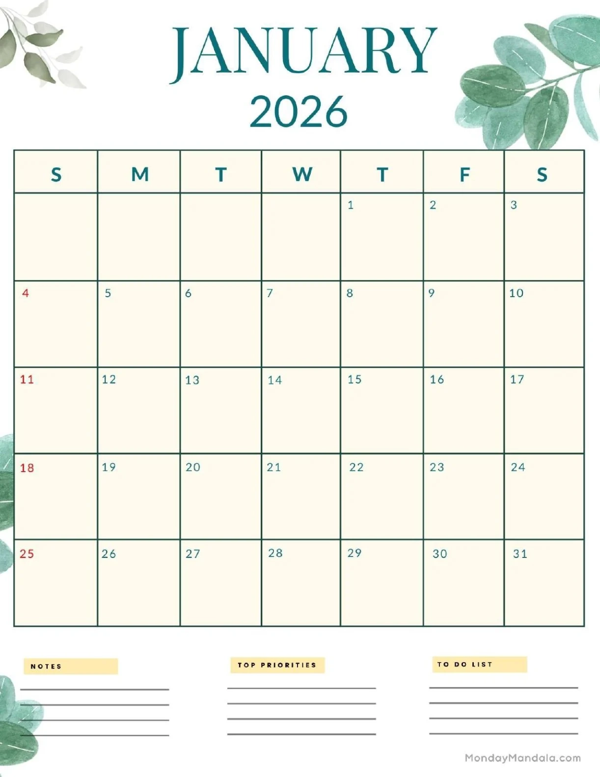 January 2026 Calendar Template
