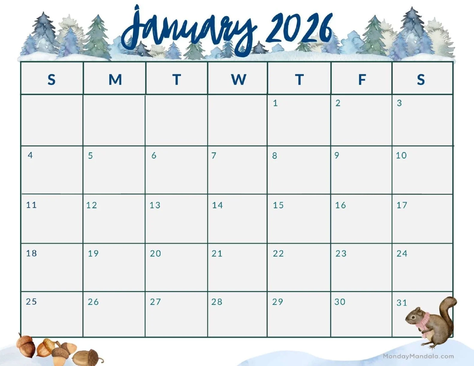 Printable Calendar Jan 2026