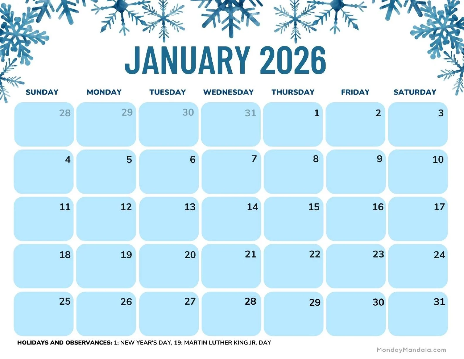 January 2026 Calendar Printable Free January 2026 Calendar Printable Free