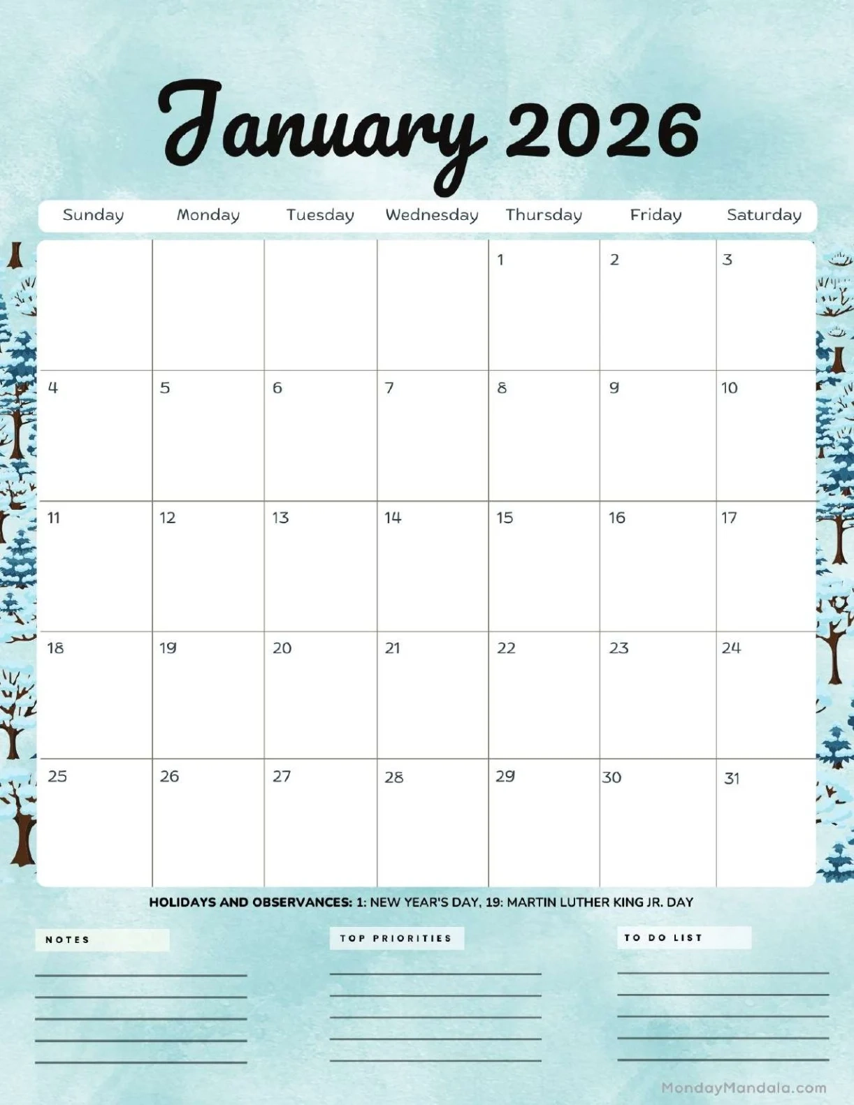 January 2026 Monthly Calendar