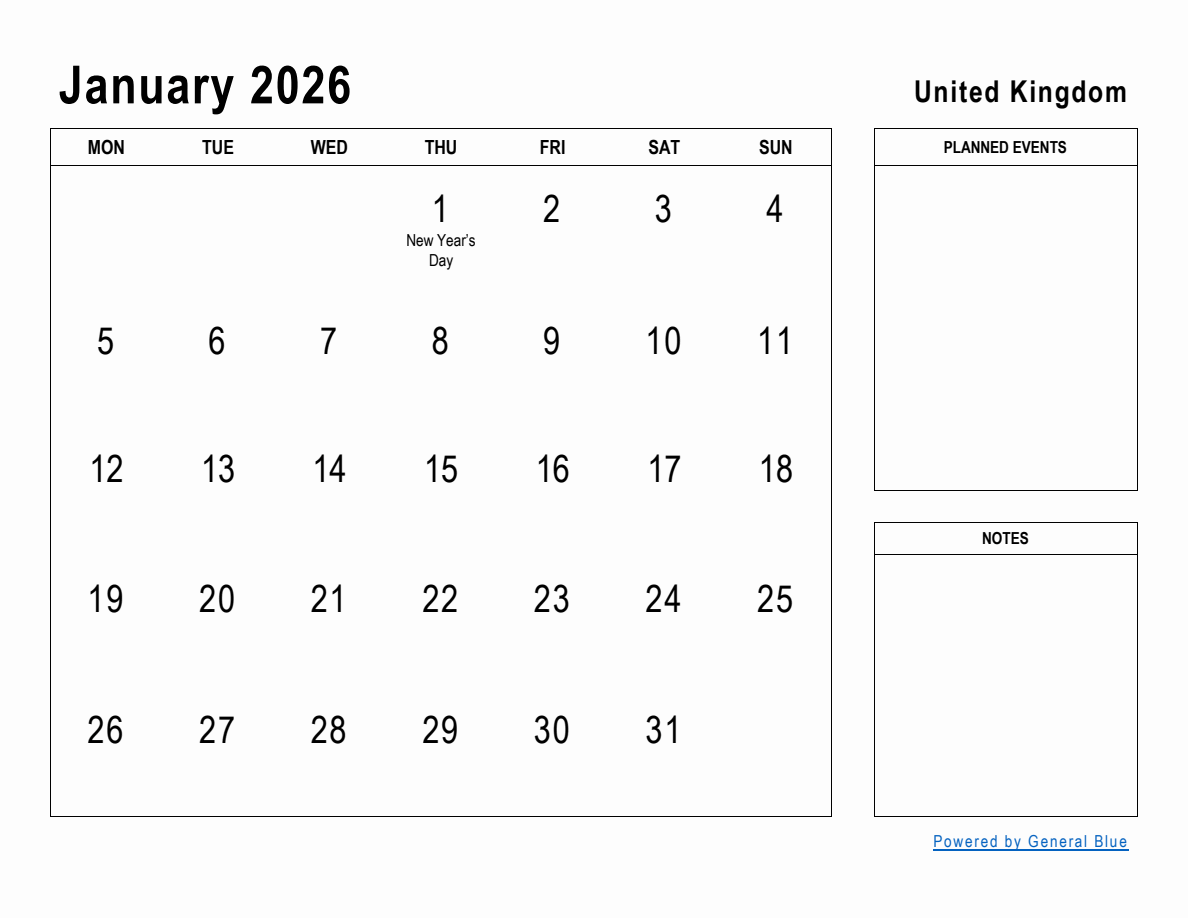January 2026 Planner With United Kingdom Holidays January 2026 Planner With United Kingdom Holidays