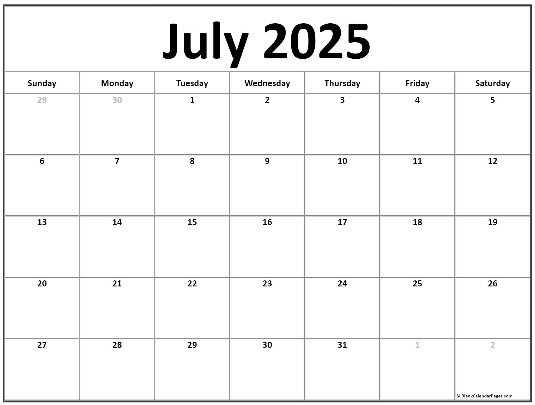 July 2025 Calendar Free Printable Calendars July 2025 Calendar Free Printable Calendars