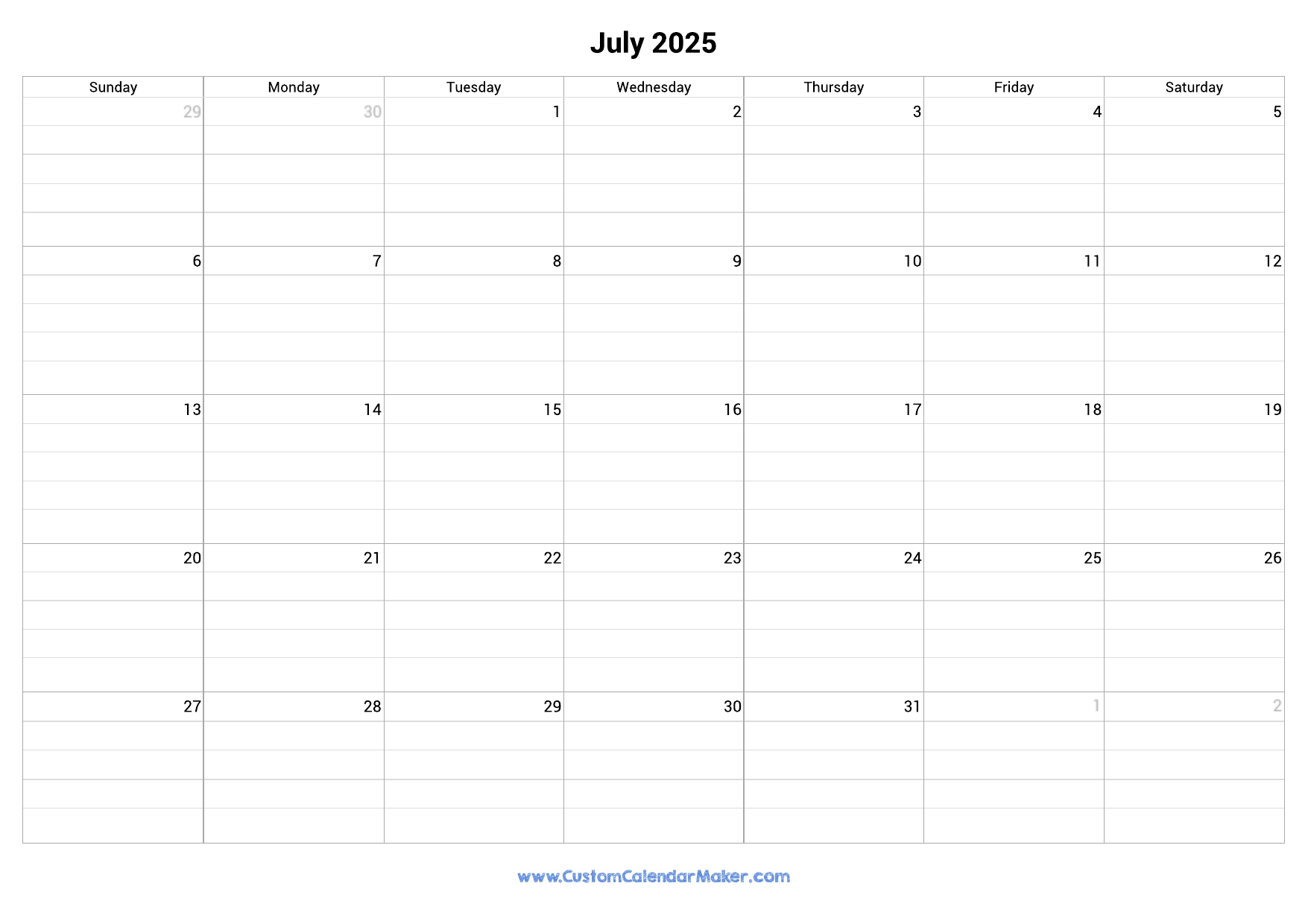 July 2025 Fillable Calendar Grid With Lines Custom Calendar Maker July 2025 Fillable Calendar Grid With Lines Custom Calendar Maker