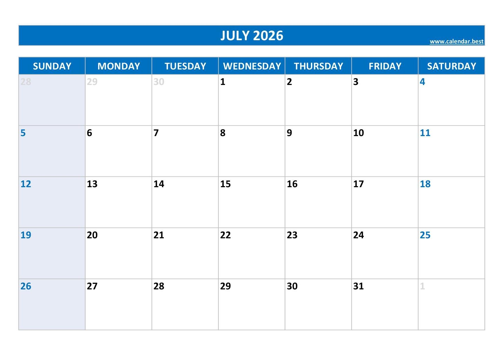Blank Calendar Pages July 2026 Printable Free Blank Calendar Pages July 2026 Printable Free
