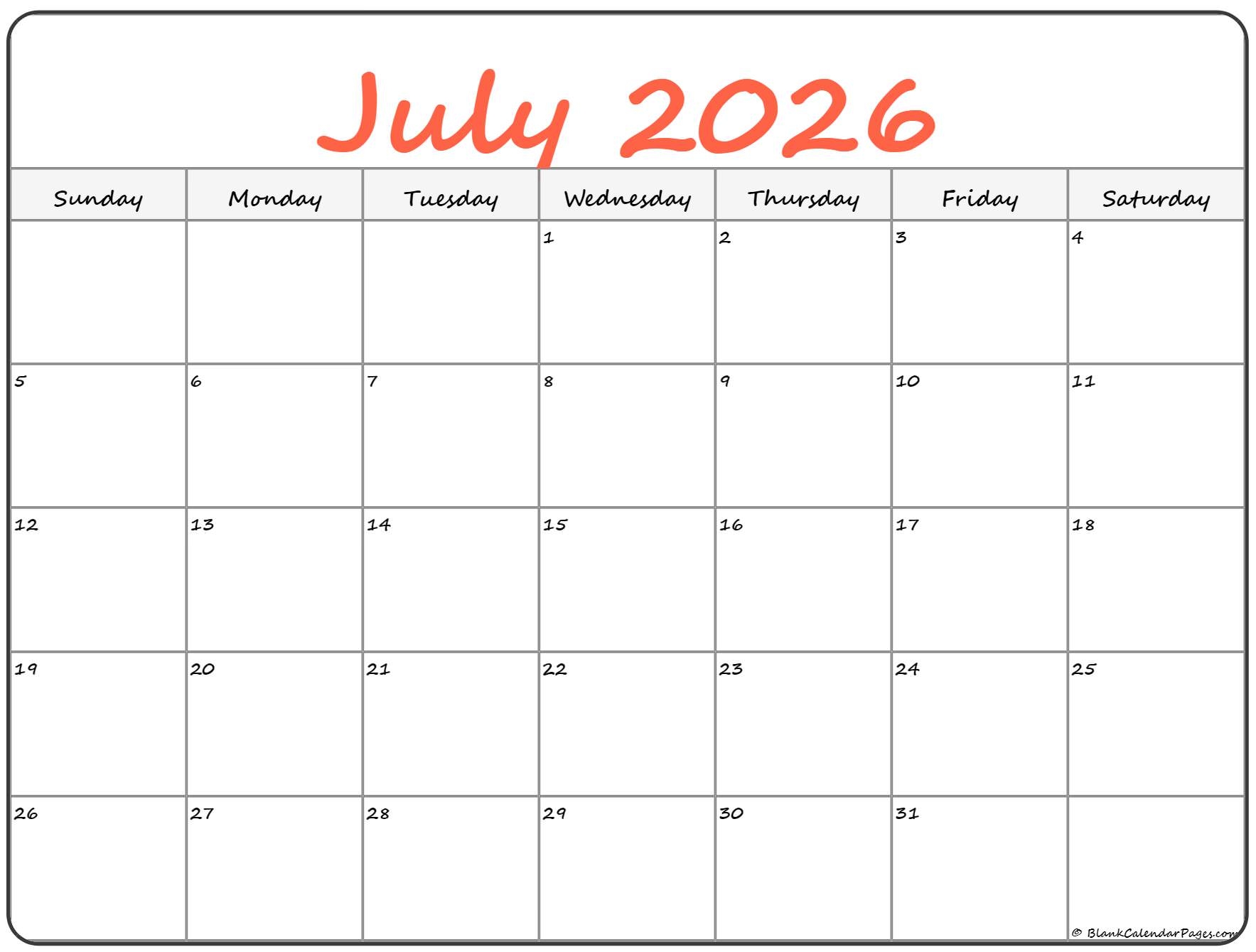 July 2026 Calendar Free Printable Calendars July 2026 Calendar Free Printable Calendars