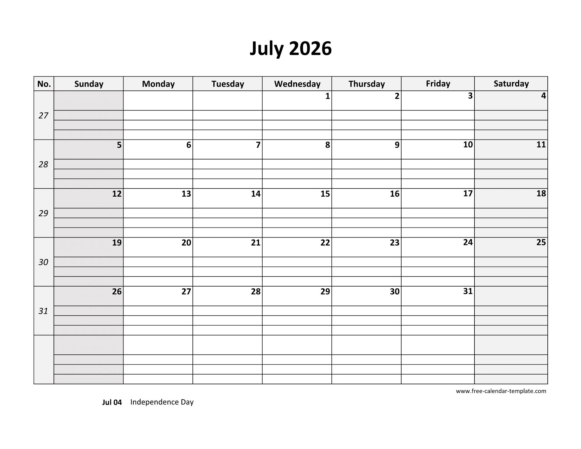 July 2026 Calendar Free Printable With Grid Lines Designed horizontal Free calendar template July 2026 Calendar Free Printable With Grid Lines Designed horizontal Free calendar template