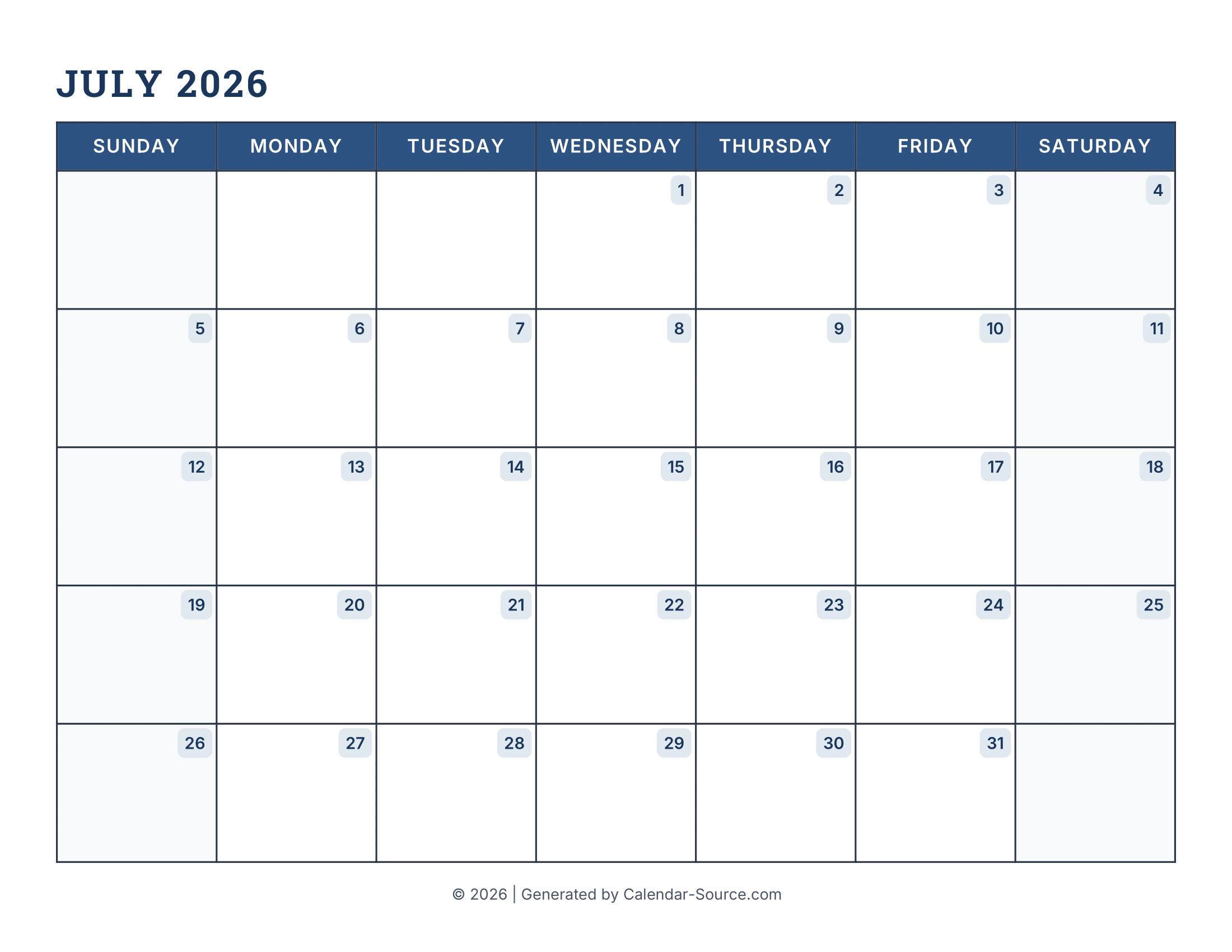 July 2026 Calendar Printable July 2026 Calendar Printable