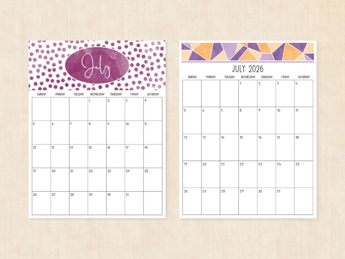 July 2026 Calendar Printable PDF Templates July 2026 Calendar Printable PDF Templates