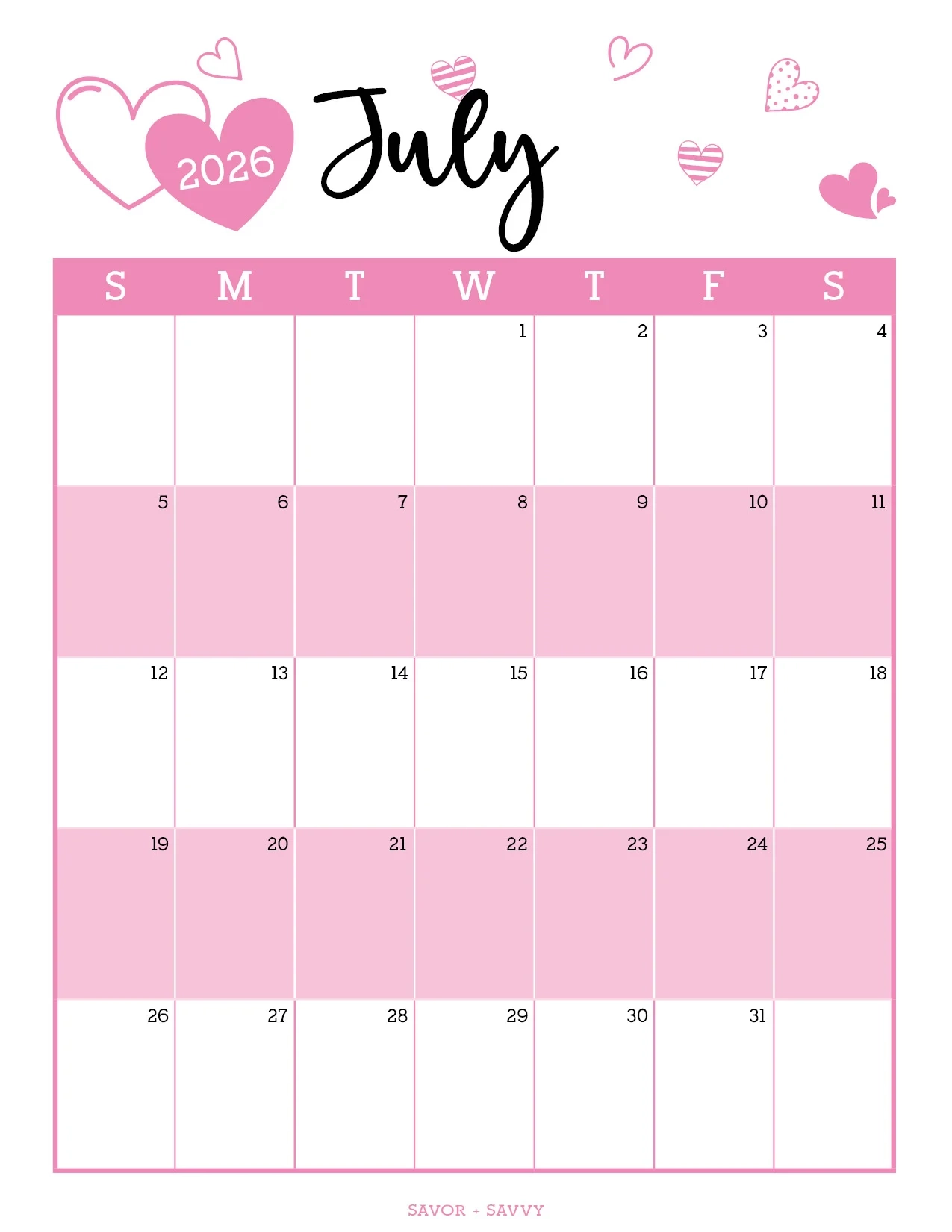 July 2026 Calendar Templates 14 Free Printables Savor Savvy