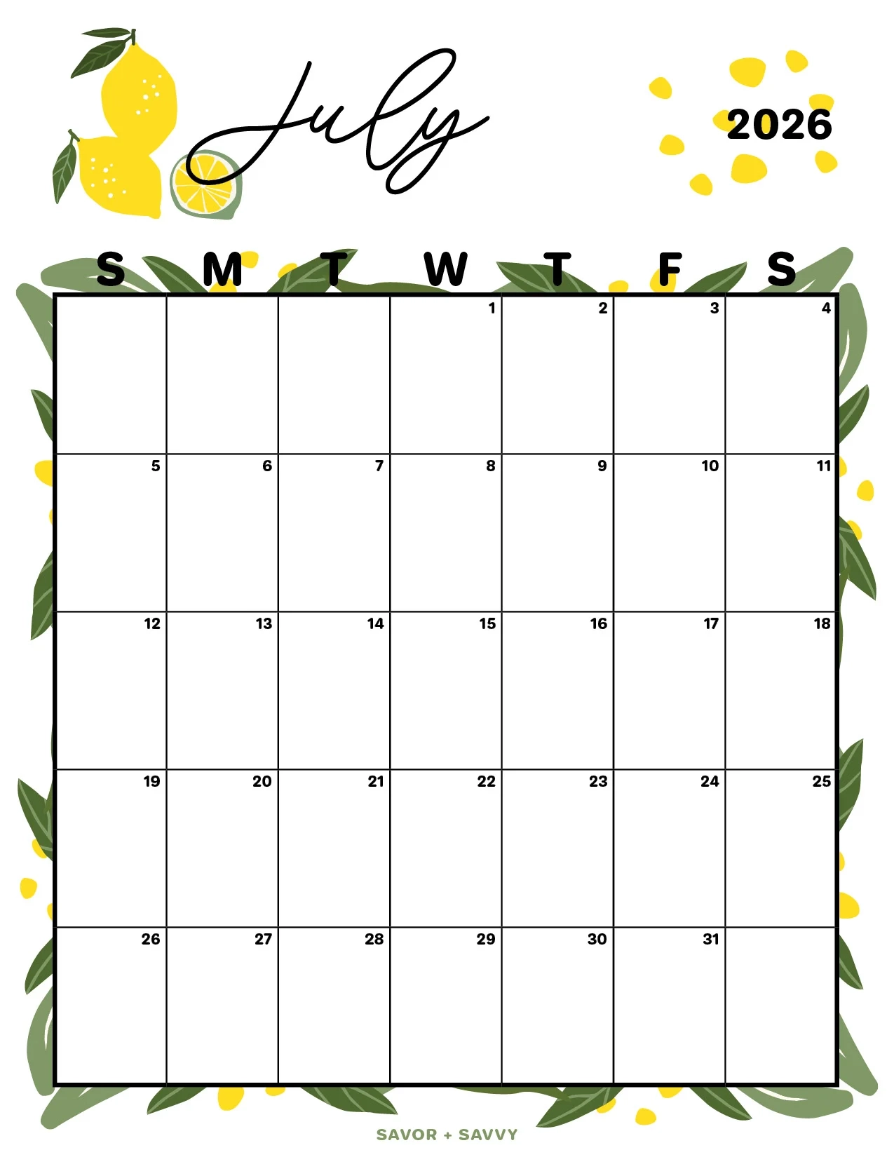 July 2026 Calendar Templates 14 Free Printables Savor Savvy