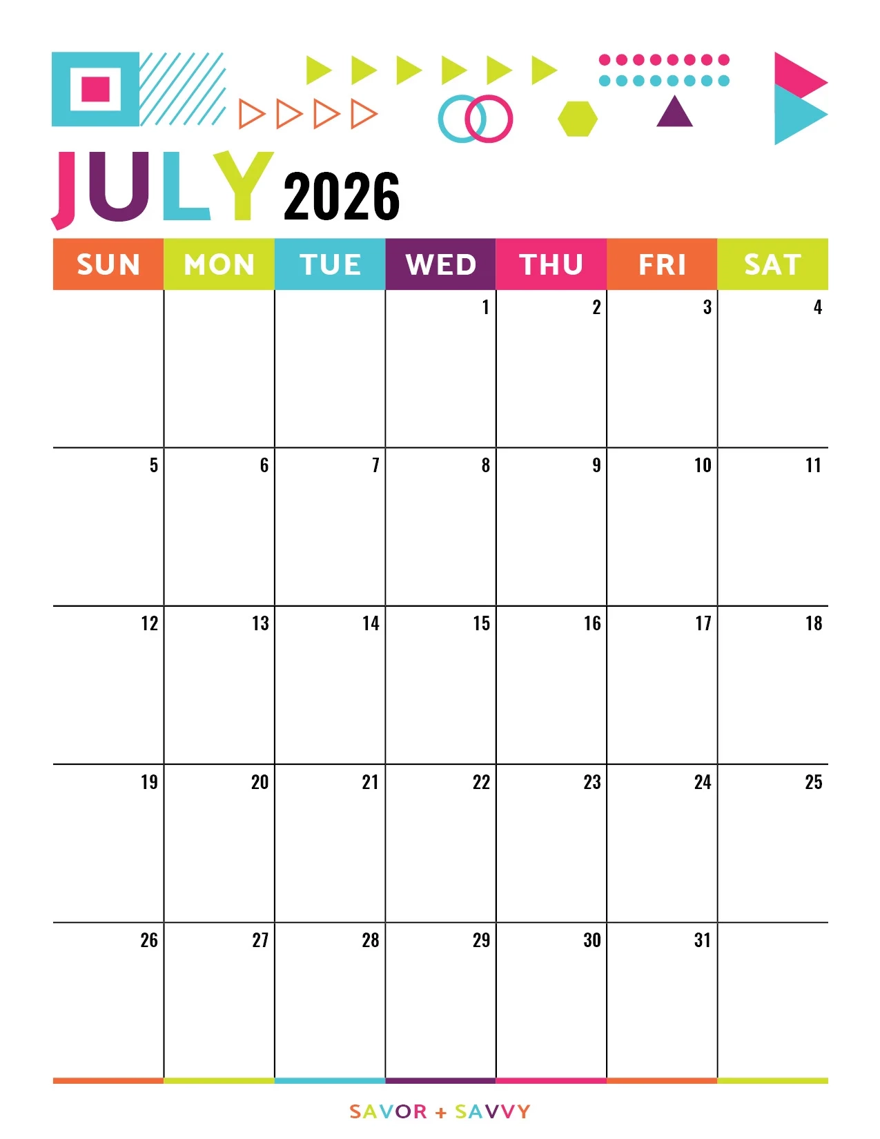 July 2026 Calendar Templates 14 Free Printables Savor Savvy