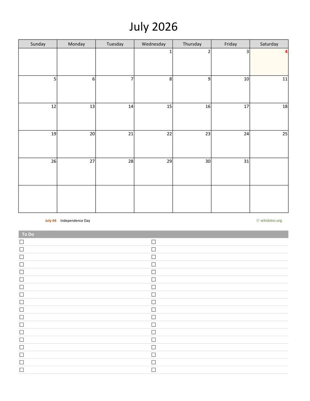 Printable Blank July Calendar 2026
