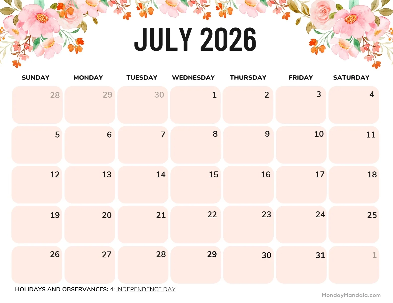 Blank July 2026 Calendar Printable Free Blank July 2026 Calendar Printable Free