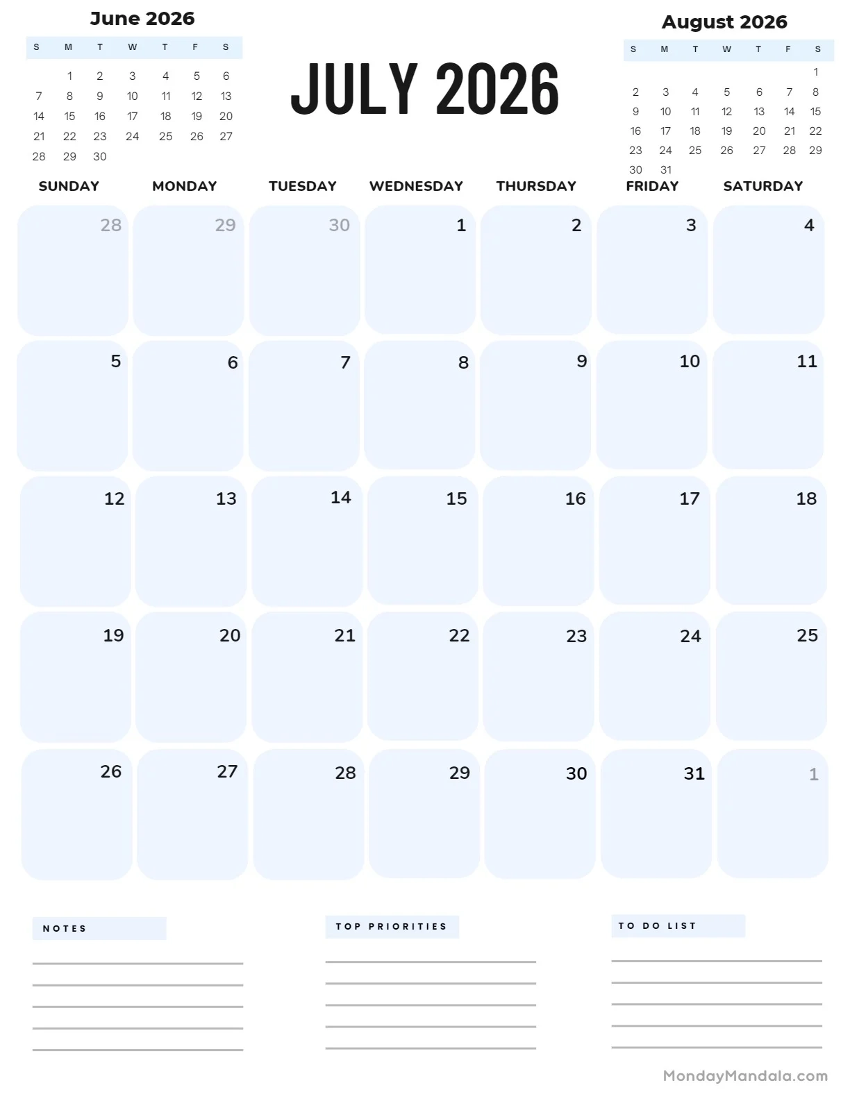 July Blank Calendar 2026 Portrait July Blank Calendar 2026 Portrait