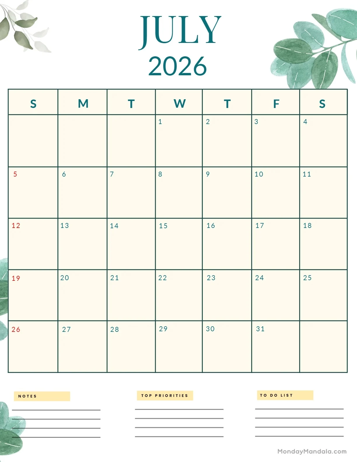 Blank July 2026 Calendar Printable