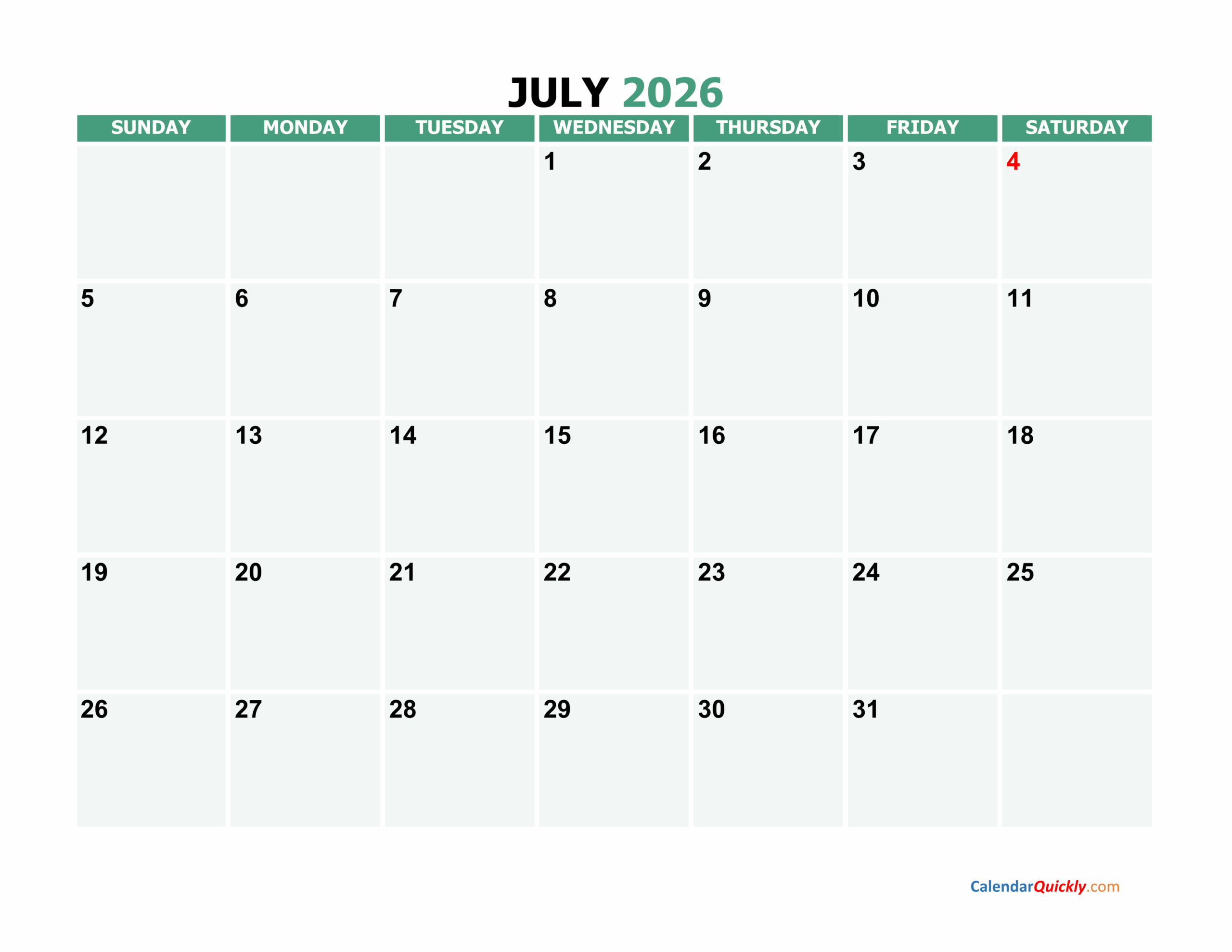 July 2026 Printable Calendar Calendar Quickly July 2026 Printable Calendar Calendar Quickly