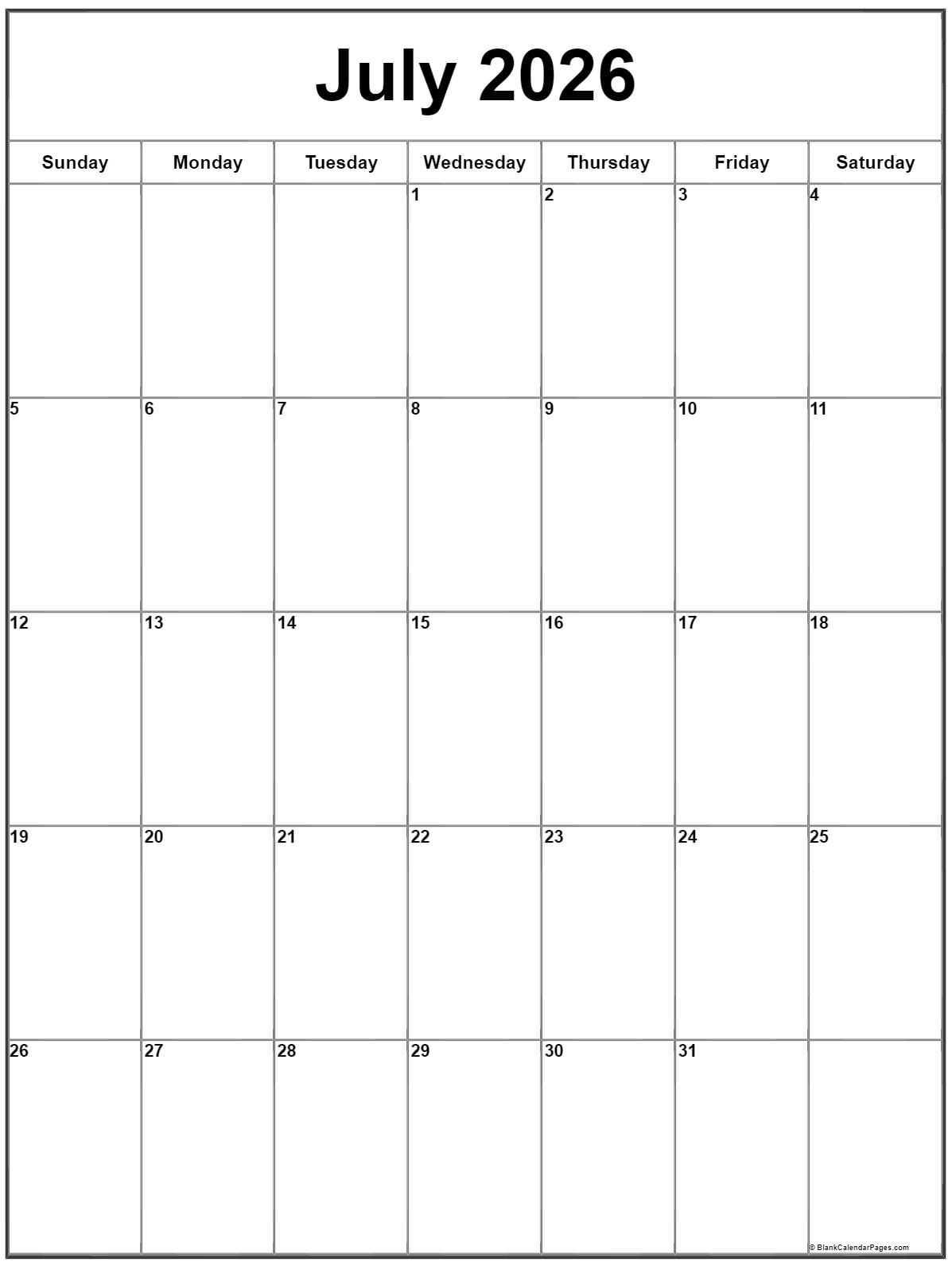 July 2026 Vertical Calendar Portrait July 2026 Vertical Calendar Portrait