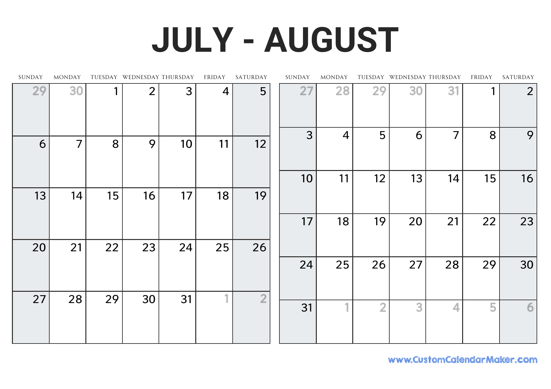 July And August 2025 Calendar Custom Calendar Maker