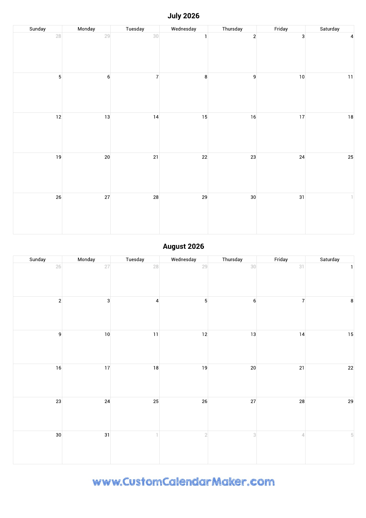 July And August 2026 Calendar Custom Calendar Maker July And August 2026 Calendar Custom Calendar Maker