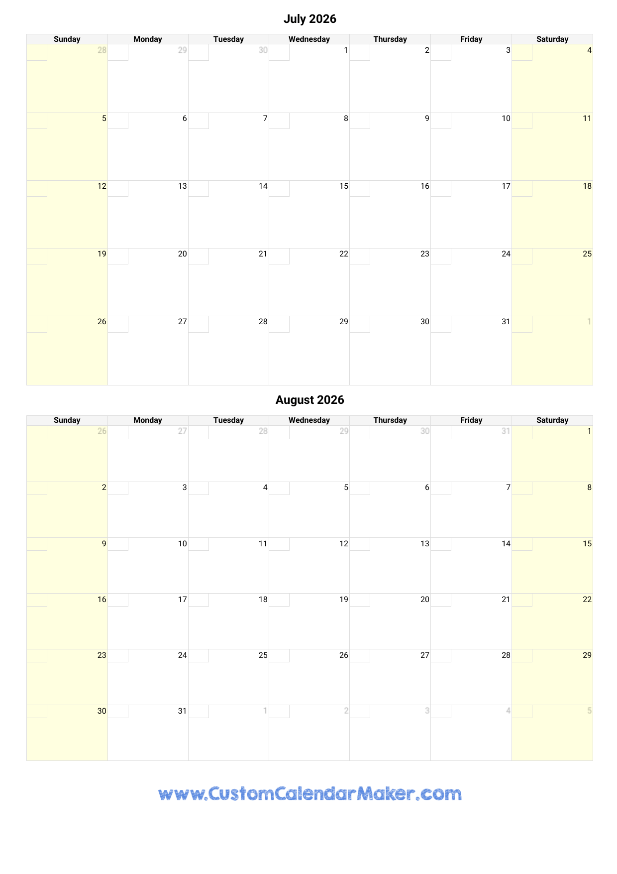 July And August 2026 Calendar Custom Calendar Maker